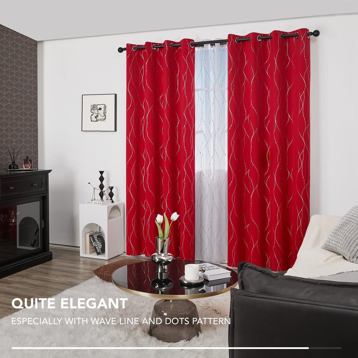 Deconovo Christmas Curtains, Red Curtain, Blackout Drapes, Thermal Insulated Noise‑Reduced Drape, Wave Line Dots Foil Print, 52 x 84 Inch, 2 Panels, Machine‑Washable Window Panel for Party Living Room