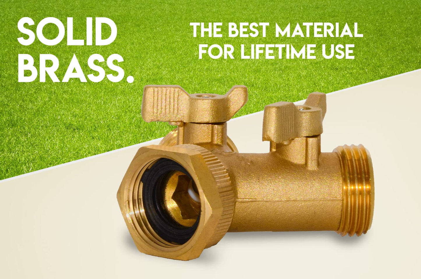 Morvat Brass 2-Way Y Splitter LEAD-FREE, Heavy-Duty Garden Hose Manifold Connector with Improved Comfort Grip ON/OFF Valves, Adapter for Water Faucet & Spigot, Extra 3 Washers, Teflon Tape (1-Pack)