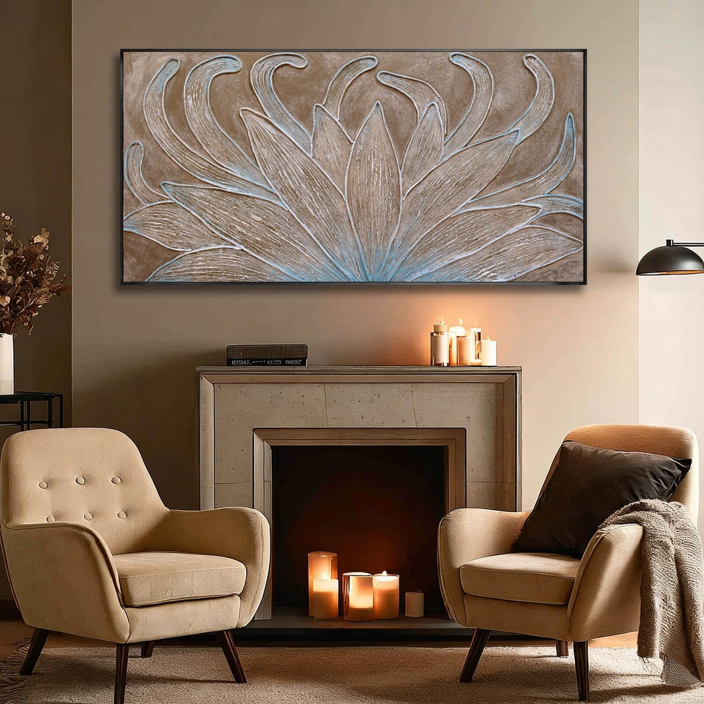 Brown Oil Painting Wall Art Botanical Neutral Floral Flowers Framed Wall Decor Abstract Canvas Pictures Large Artwork for Bedroom Office 29x58 In