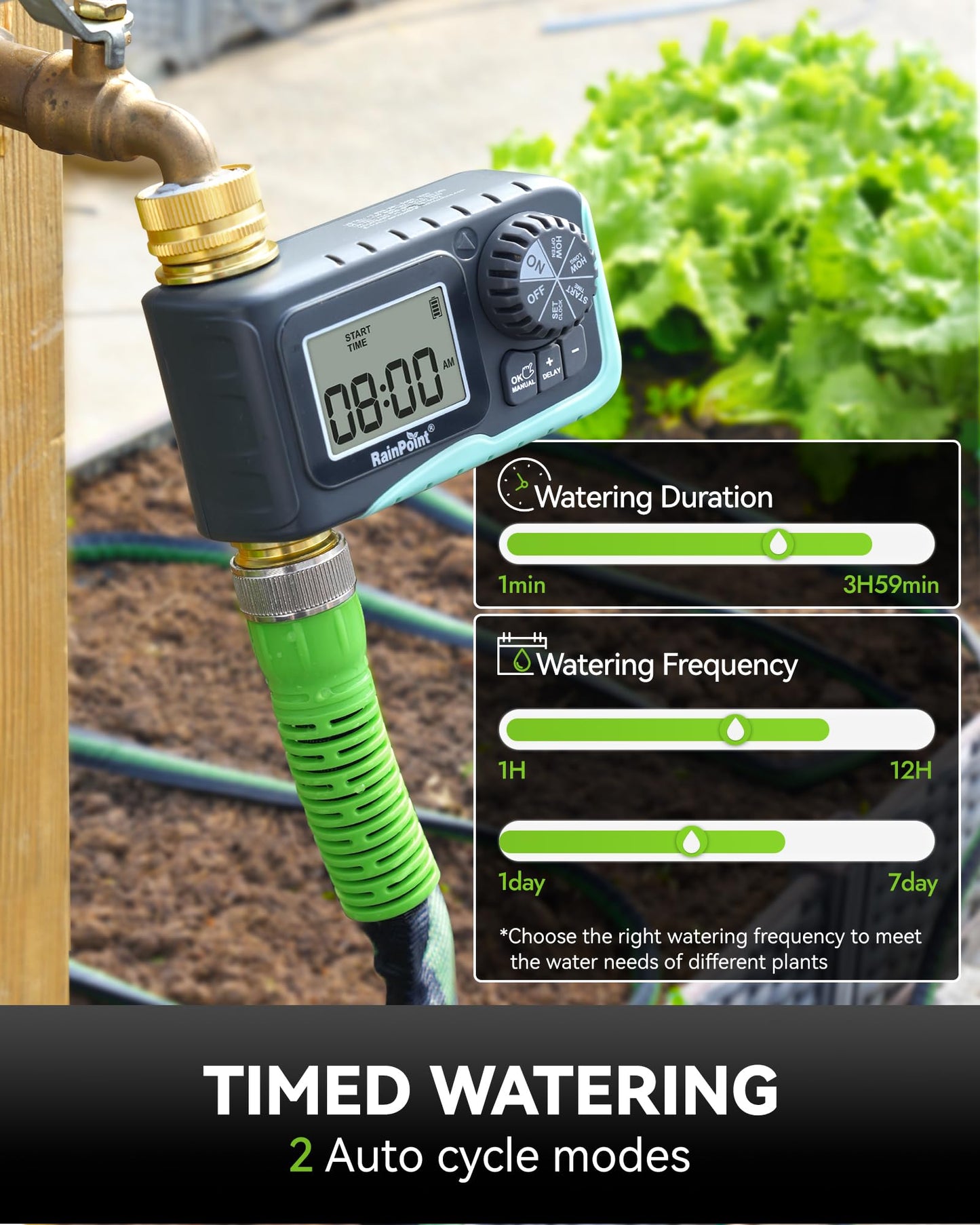 RAINPOINT Sprinkler Timer, 100% Metal Pipe Water Timer for Garden Hose, Programmable Hose Controller for Watering, Sprinkler Controller with Manual Watering/Rain Delay for Outdoor Lawn & Garden (1PCS)