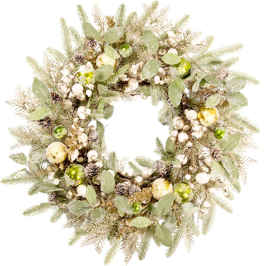 wwmira 24 Inch Christmas Wreath for Front Door, Glittery Gold and Green Artificial Winter Wreath with Pine Needle, Pine Cones, White& Gold Berries,Indoor Outdoor Holiday Decor for Porch, Wall