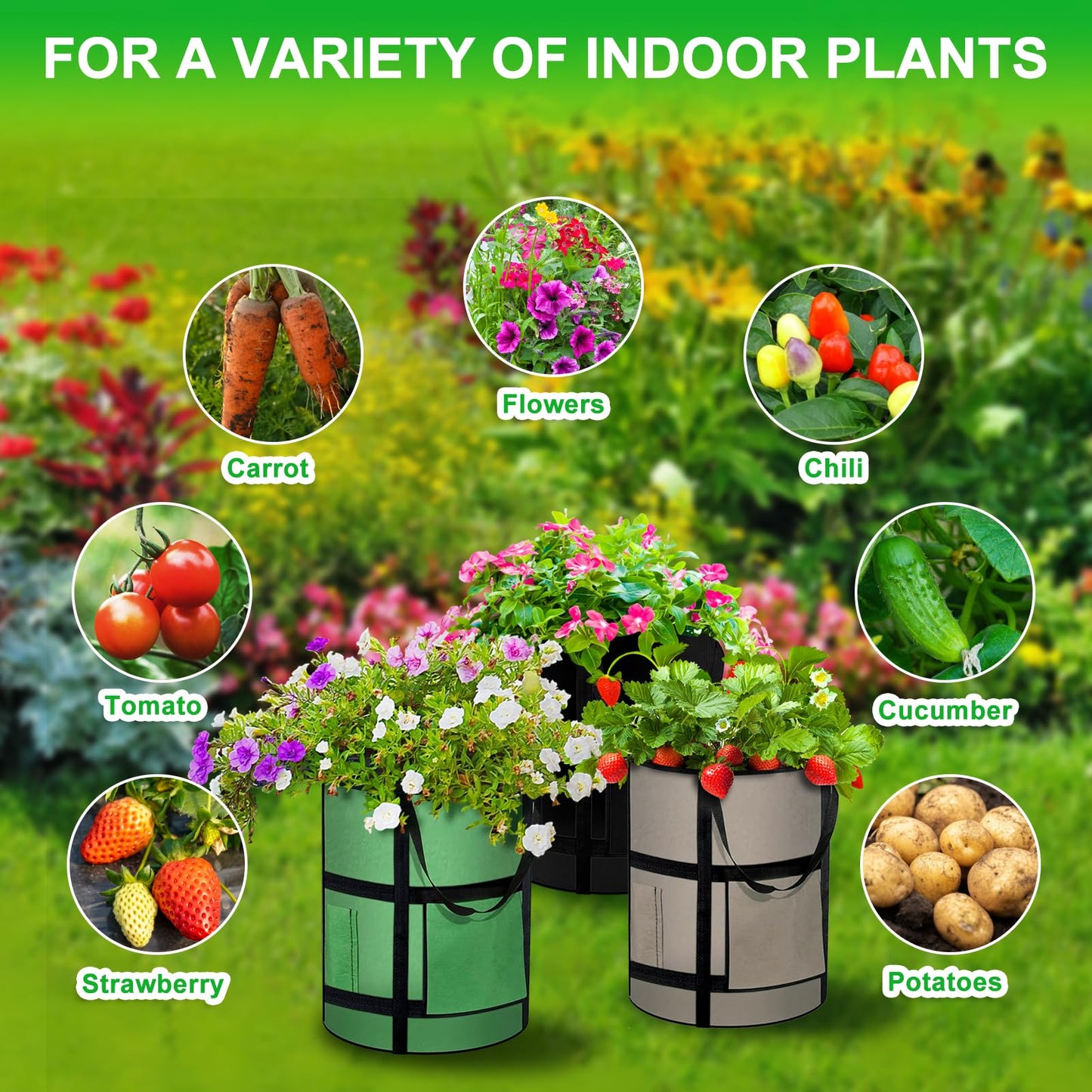MEKOLIFE 10 Gallon Potato Grow Bags with Viewing Window, 300G Nonwoven Garden Planting Pots, Heavy-Duty Surround Handles for Gardening Supplies (6Pack Grow Bags)