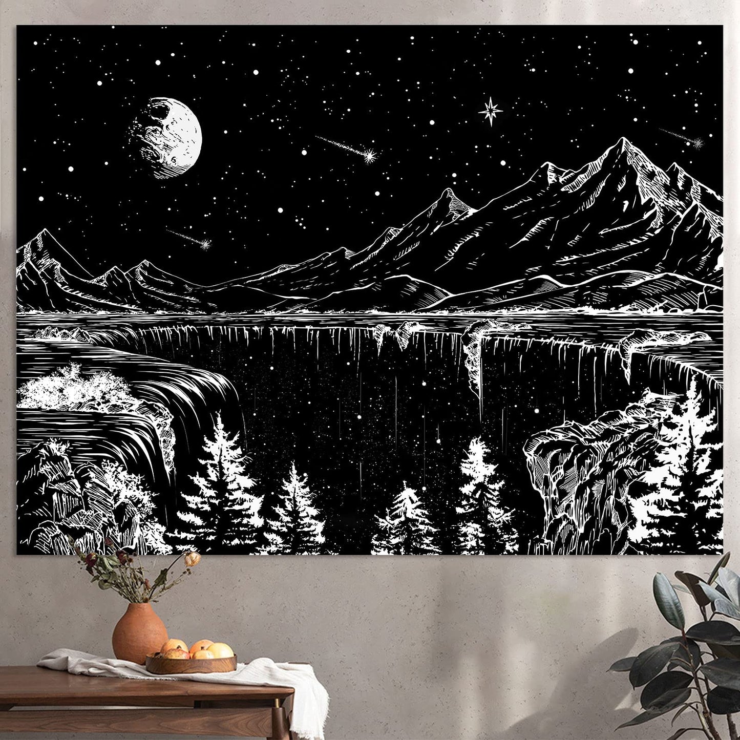 Zussun Black and White Tapestry Starry Night Mountain Tapestries for Bedroom Aesthetic Moon and Stars Tapastry's Wall Hanging Dark Nature Forest Wall Tapestry for Living Room Dorm (48'' × 36'')