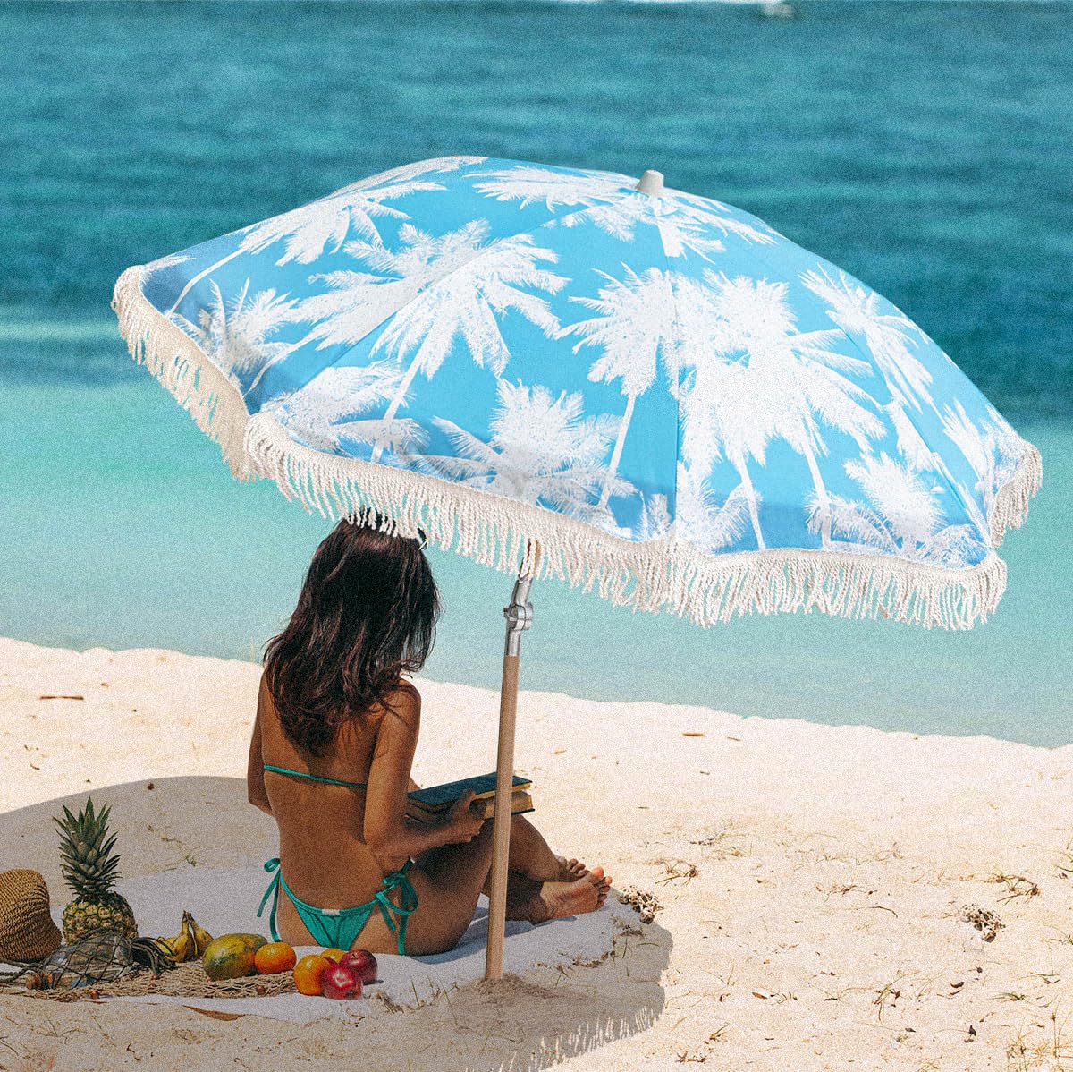 STANDERECT 6.5Ft Boho Beach Umbrella with Fringe, Tassel Umbrellas with Tilting Wood Pole & Carrying Bag, UPF 50+ for Beach (Palm)