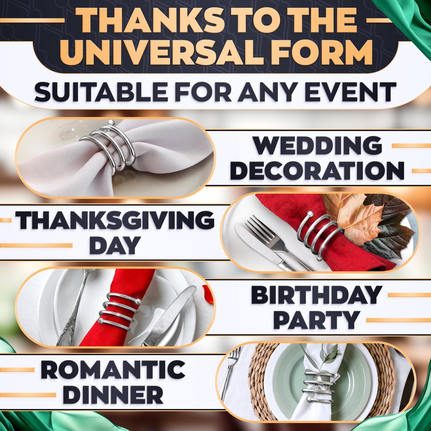 Silver Napkin Rings Set of 8 – Elegant Napkin Ring Holders, Sturdy Metal Holiday Table Decor for Weddings, Parties and Family Dinners, Great Kitchen Gifts Idea, Graduation Table Decorations for Events
