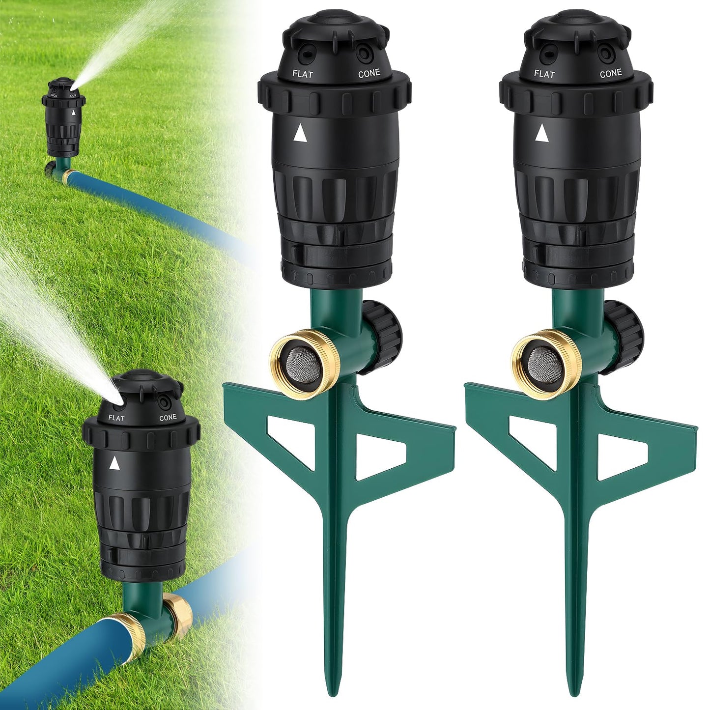 Adjustable Spray Coverage Sprinklers for Yard - Sturdy Aluminum Alloy Spike & 5 Spray Patterns Lawn Sprinkler, Efficient Irrigation System for Medium Large Garden Uneven Ground, 2 Pack