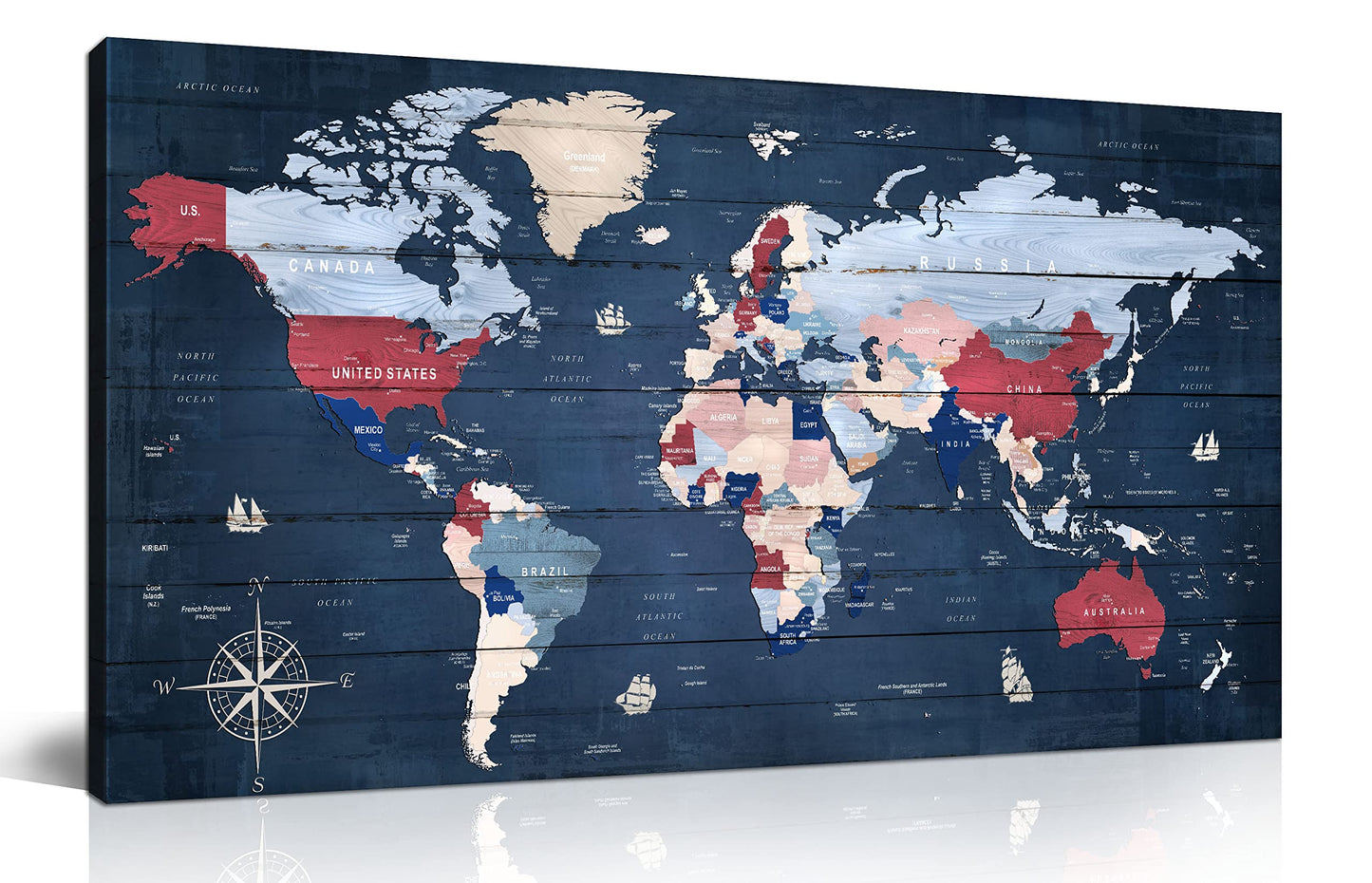 ZHAOSHOP Blue World Map Wall-Art For Office - Large World Maps For Wall - Canvas Wall Art Stretched and Framed Ready to Hang Size 40" x 20"