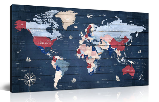 ZHAOSHOP Blue World Map Wall-Art For Office - Large World Maps For Wall - Canvas Wall Art Stretched and Framed Ready to Hang Size 40" x 20"