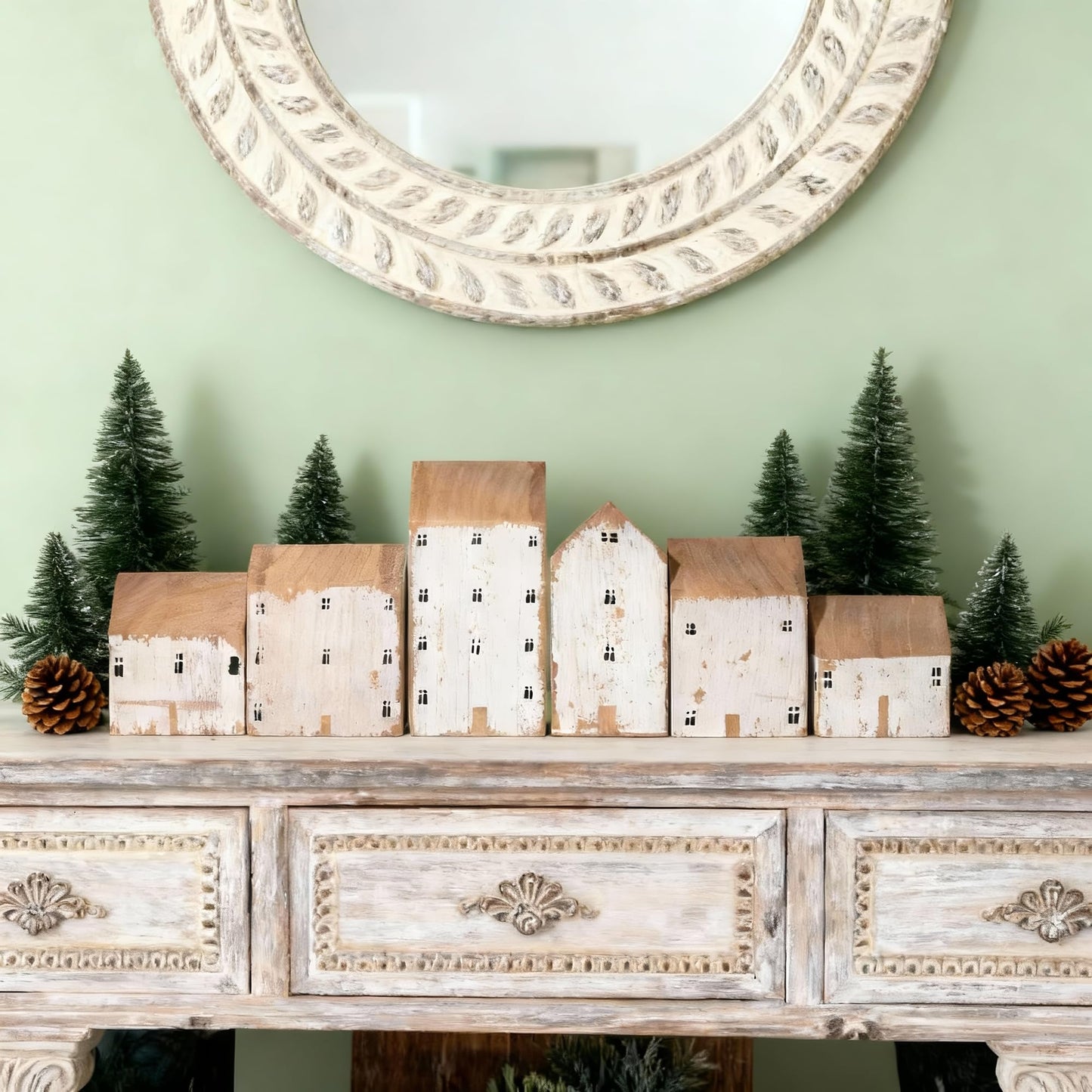 Mokof 12 Pcs Christmas Village Set - 6 Wooden Houses and 6 Snowy Trees, Farmhouse Christmas Decorations Indoor for Tabletop, Mantel, Shelves Holiday Decor (2.8" to 5.5" Tall)