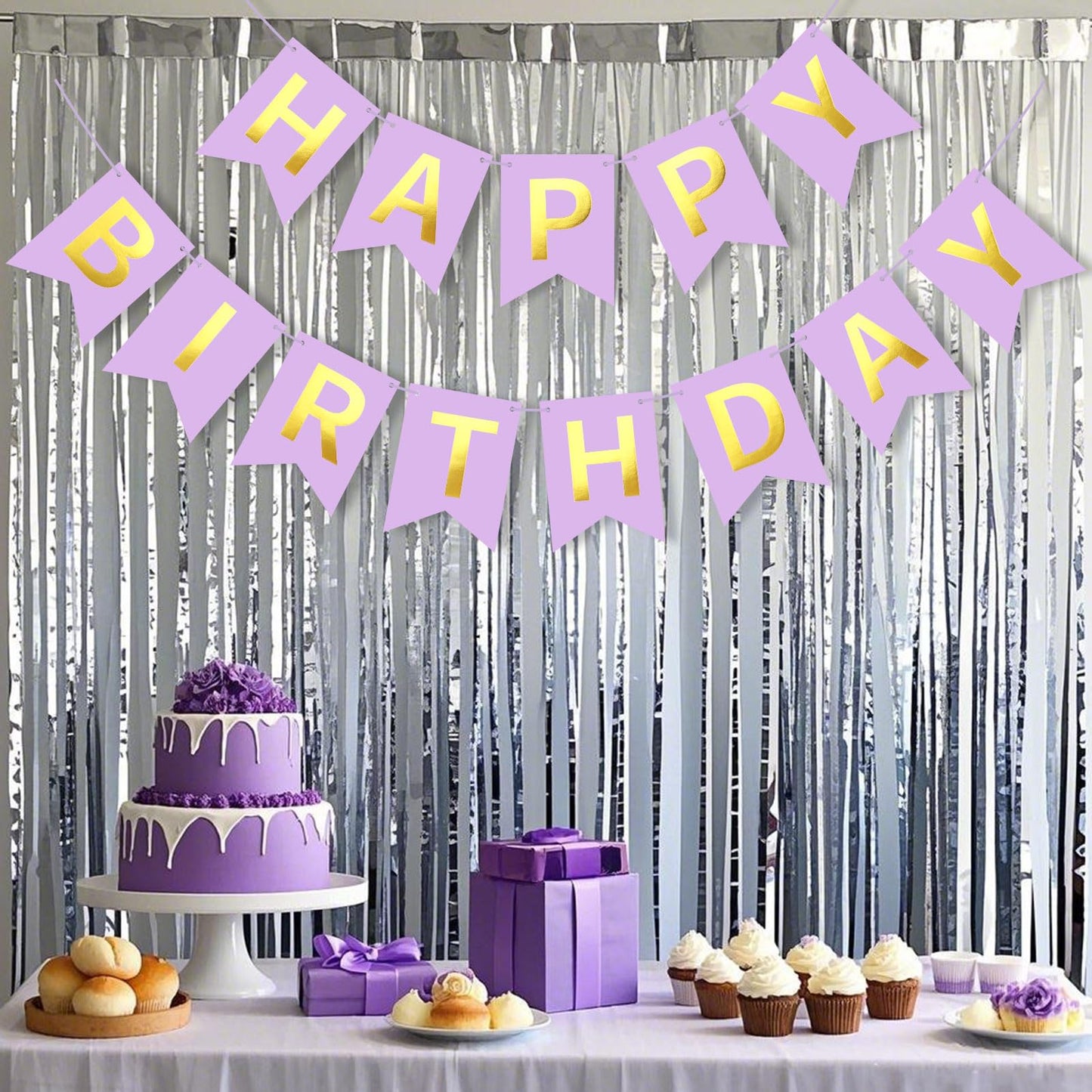 JHZMCRX Happy Birthday Banner Sign Birthday Garland Wall Door Banner Flag Name Signs for Women Men Boys Girls Birthday Party Backdrop Decorations Golden Letters Light Purple