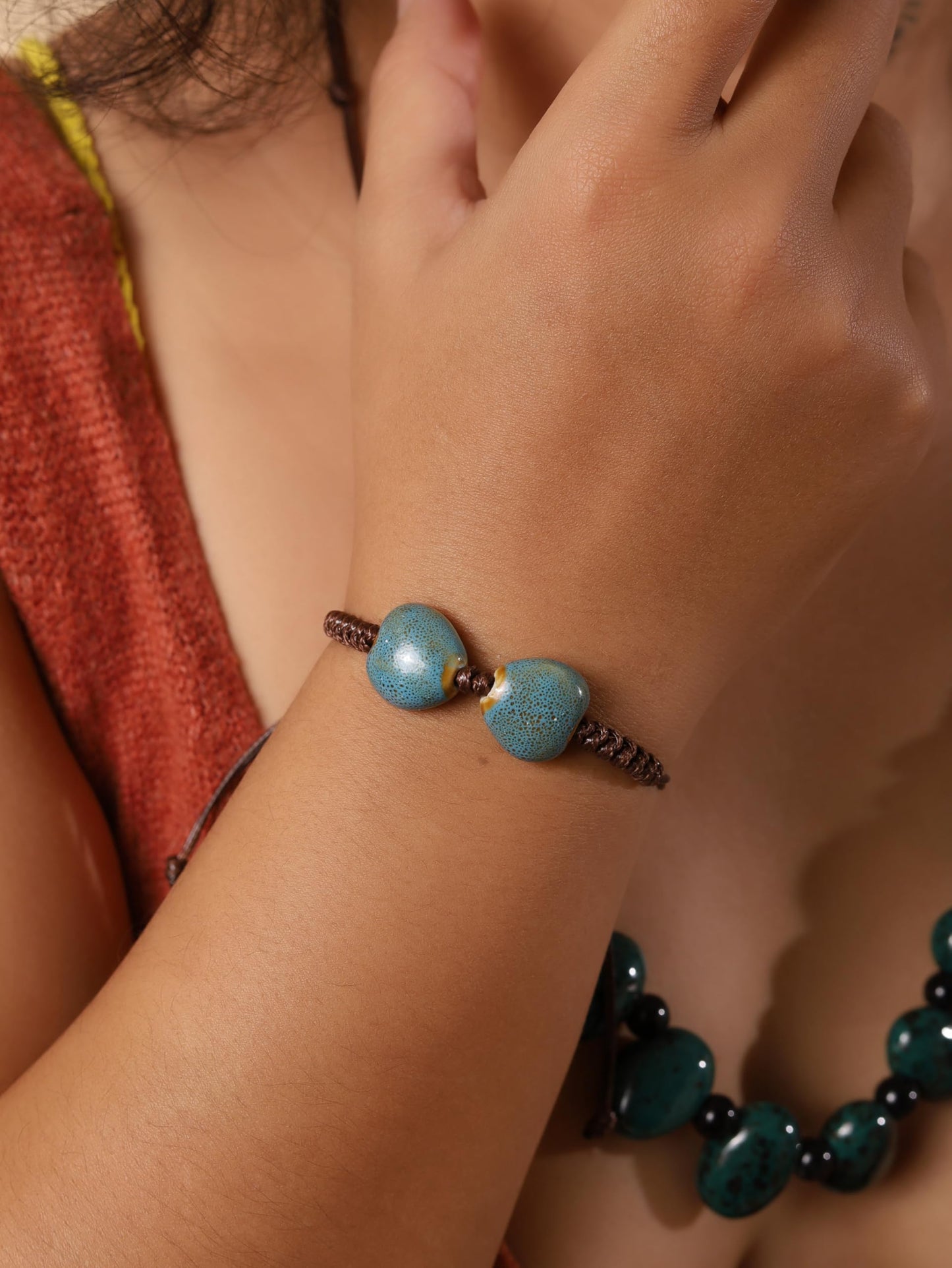MINACHI Bohemian Blue Heart Shape Ceramic Bead Adjustable Leather Bracelet, Boho Hippie Summer Jewelry Gift for Women