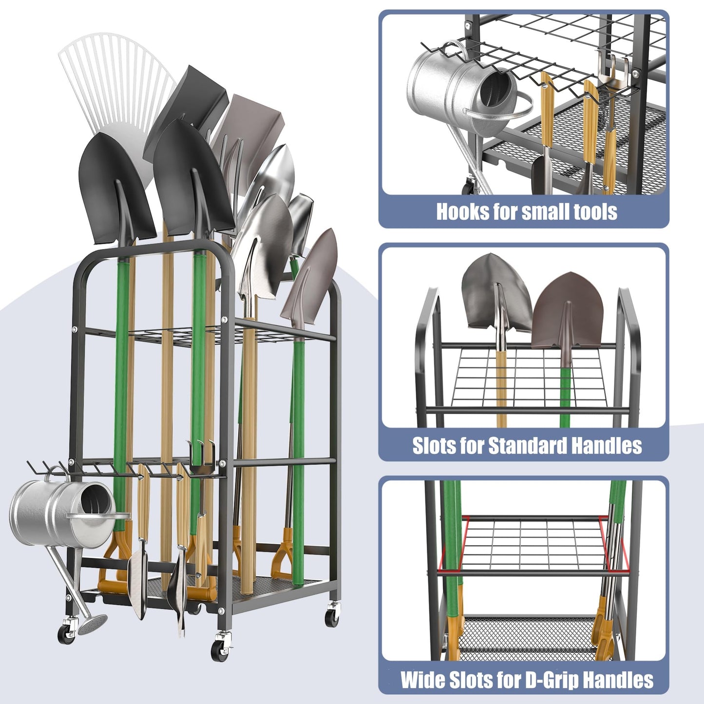 WALMANN Garden Tool Organizer with Wheels for Garage, Rakes/Shovels/Yard Tools Stand for Garden, Shed, Indoor/Outdoor Long-Handled Tools Rolling Cart(Small)