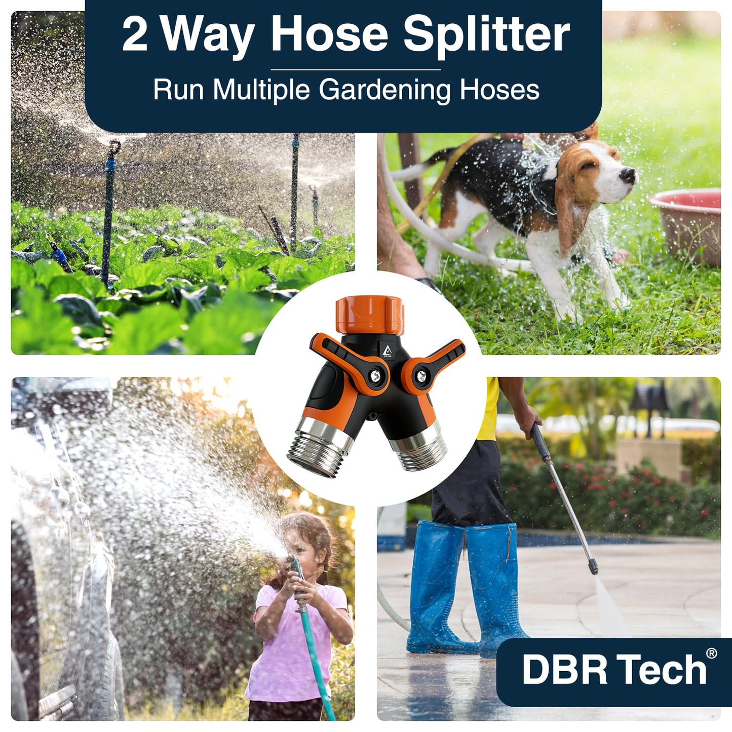 DBR Tech® Hose Splitter 2 Way, Heavy Duty Metal Connector, Two Way Garden Hose Splitter, High Flow Spigot Faucet Bib Adapter, Solid Double Y Shut Off Valve for Outdoor Gardening Hoses, Orange