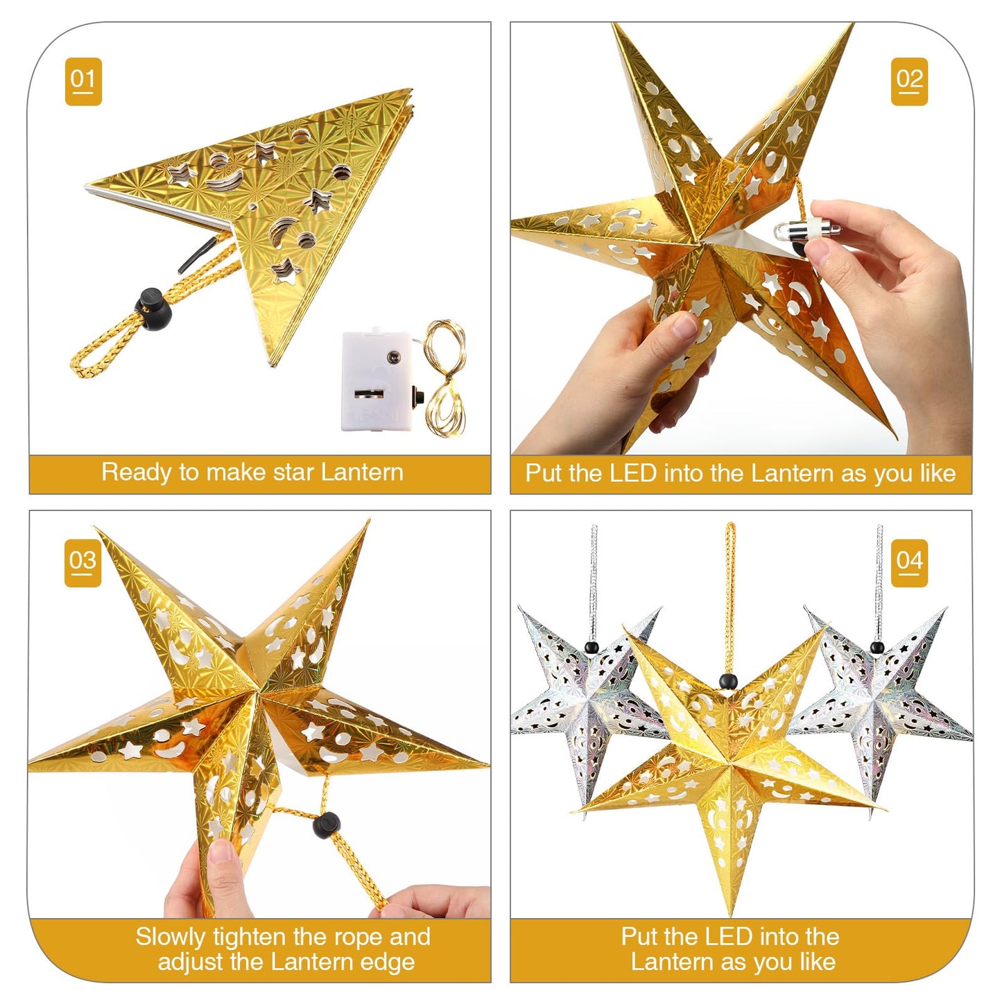 Zhanmai 10 Pcs Large 3D Gold Paper Star Lantern with 10 LED Lights 11.8 Inch 5 Point Hollow Hanging Paper Star Lampshade Decoration Light Lanterns for Wedding Birthday New Year Party Home Decor