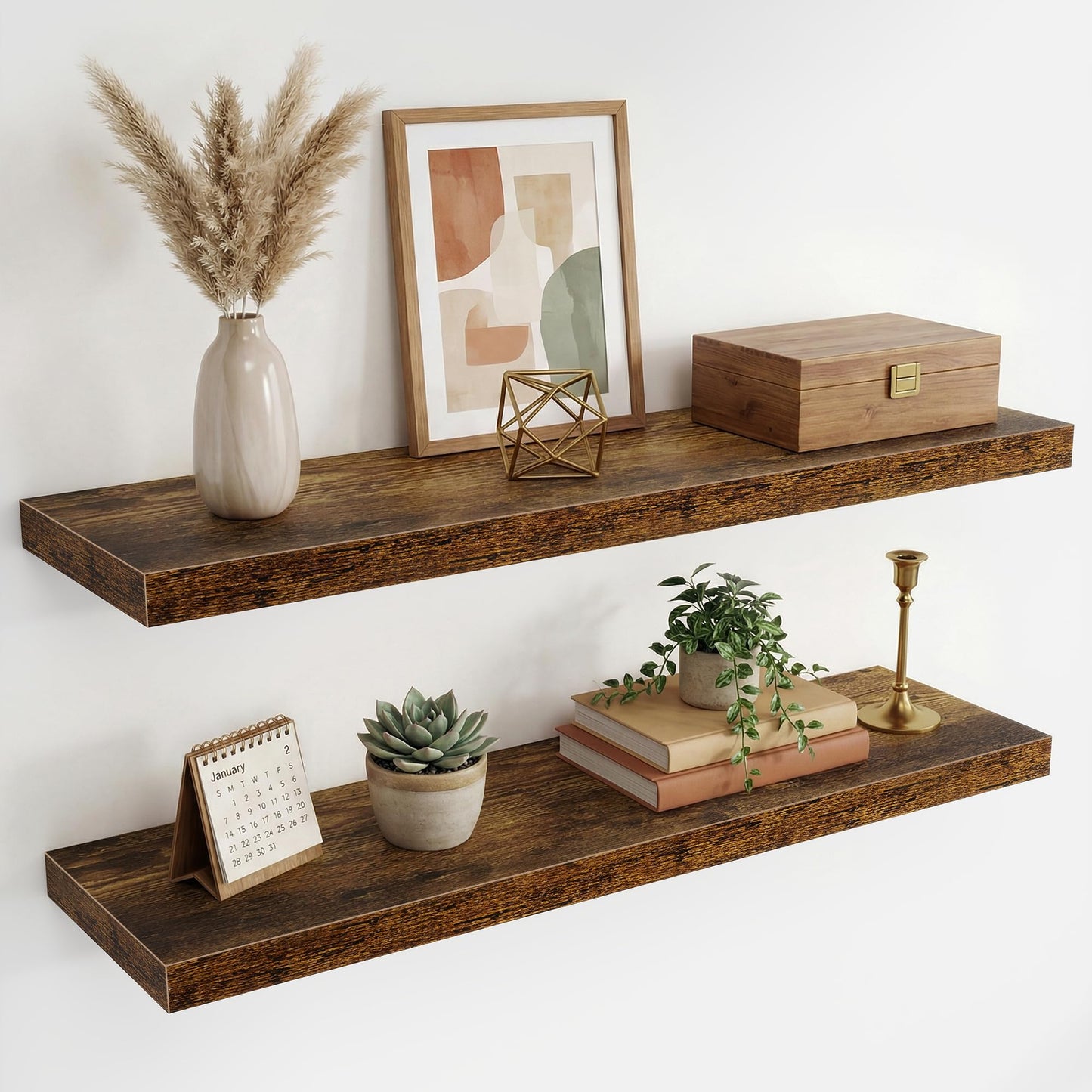 36 Inch Black Floating Shelves for Wall,9.3" Deep Long Floating Shelf Set of 2,Wood Wall Mounted Shelves Farmhouse Home Decor,Wall Storage Shelf for Bathroom Bedroom Living Room Office,Rustic Brown