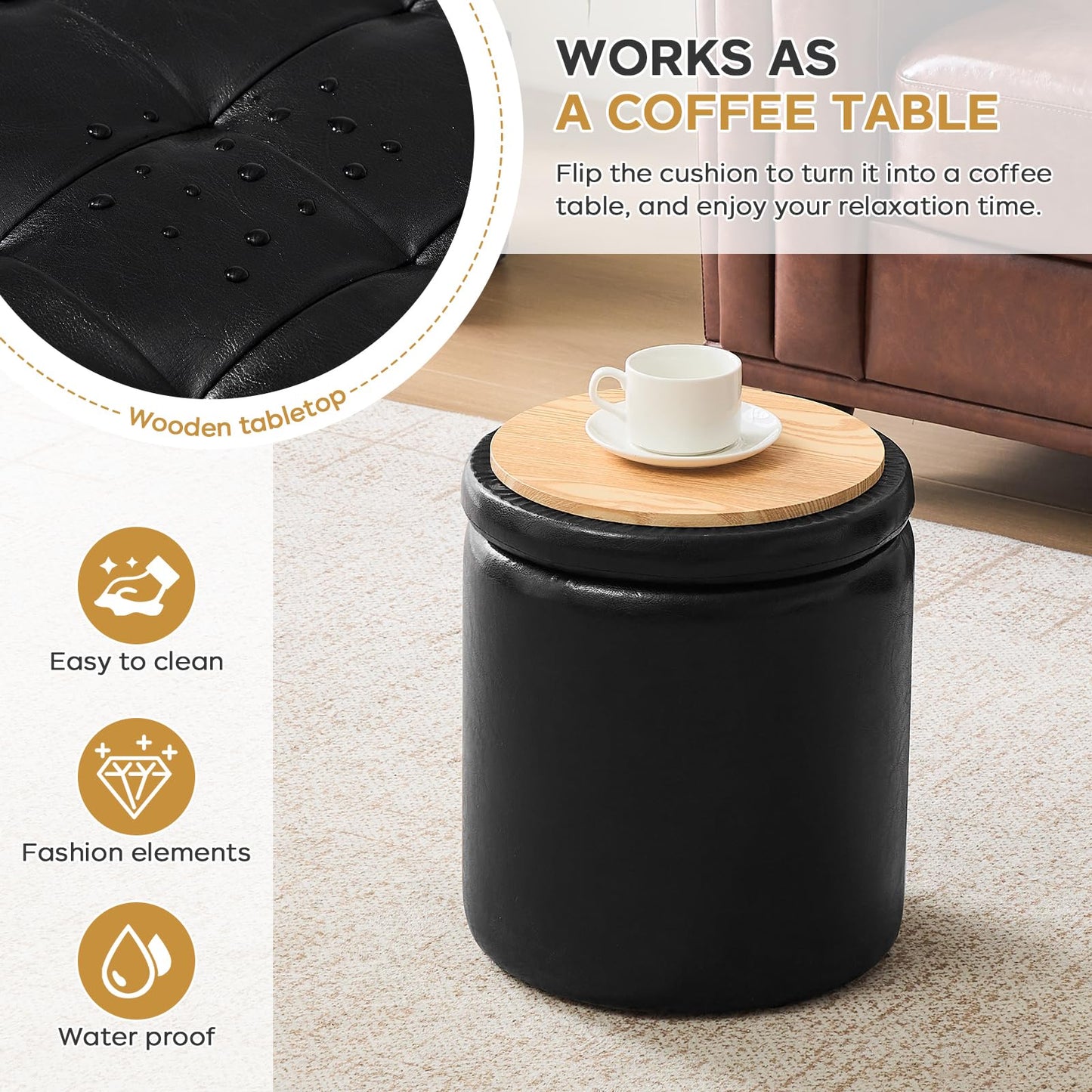 oakvivo Round Ottoman with Storage Set of 2, 12.6" W x 14.17" H & 14.76" W x 17.32" H Faux Footstool Storage Ottomans for Bedroom, Living Room Padded Coffee Table Ottomen, Black