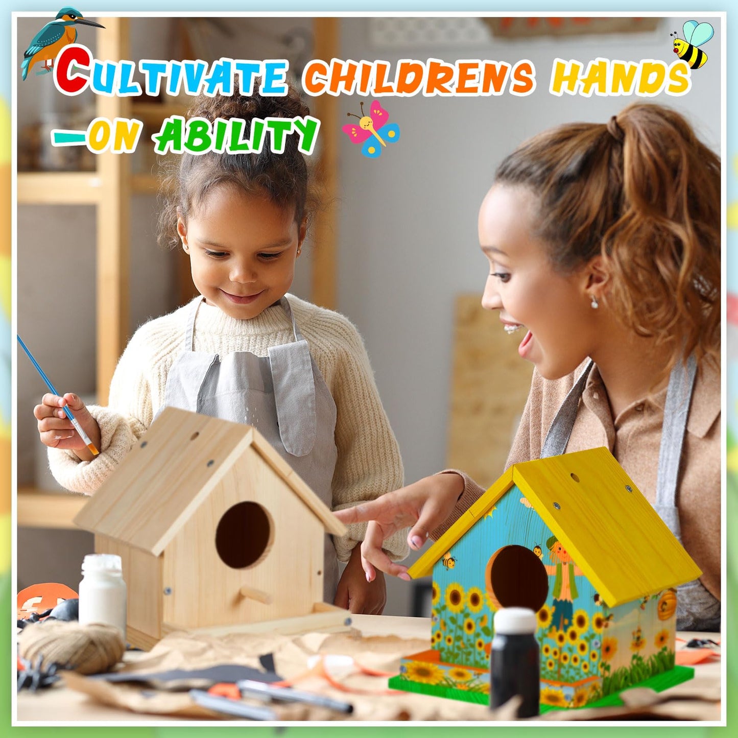 Liliful 2 Sets Wooden DIY Birdhouse Kit, Unfinished Bird Houses with Paints and Paintbrushes, Bird Feeder Craft Arts for Kids Ages 4-8, 8-12, Classroom Activity and Adults Wooden Craft Gifts