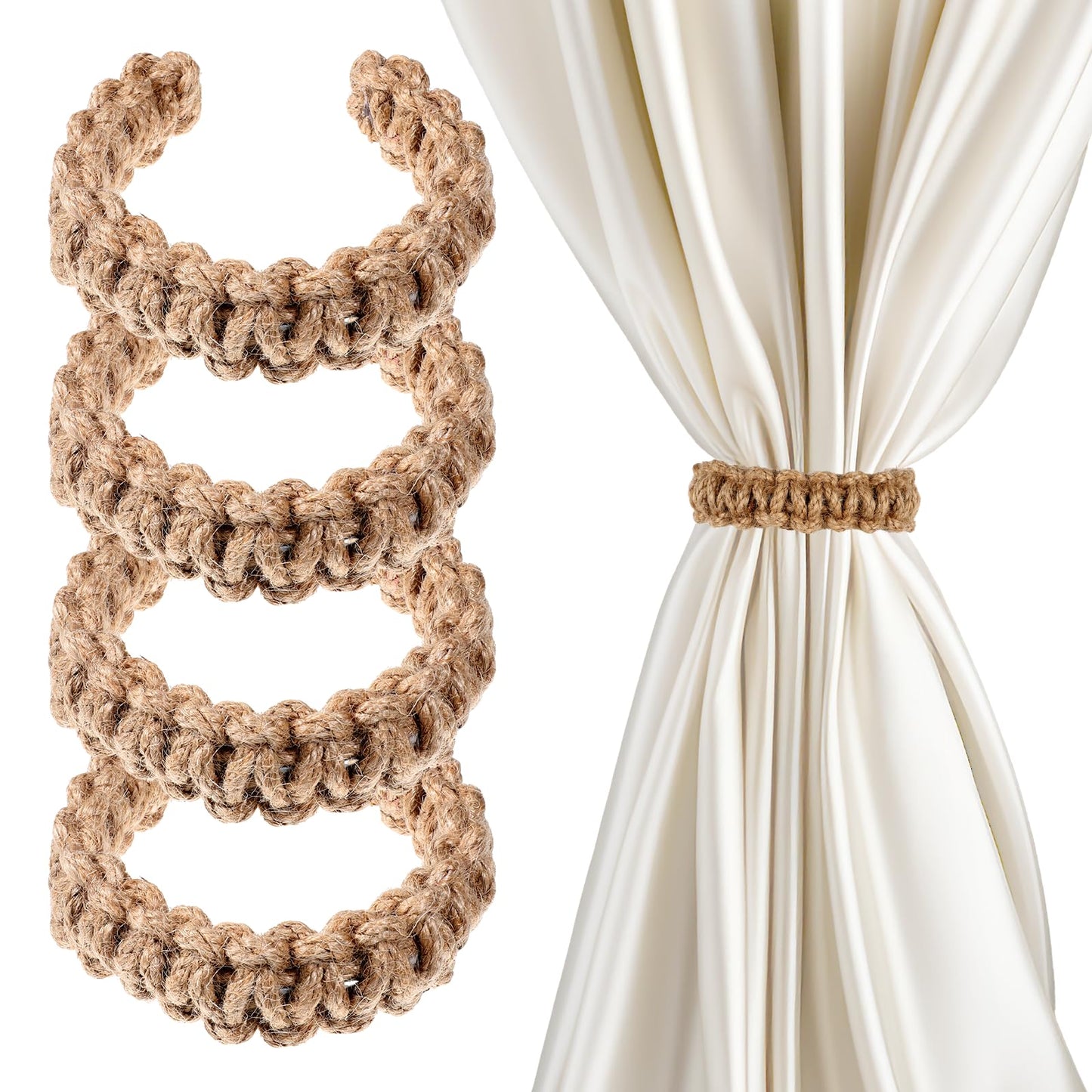Ptwola 4 Pack Braided Curtain Tiebacks Boho Elegant Rustic Curtain Holdbacks Tie Backs Holders Set Simple Light Weight Drapes Decorative Accessories Handmade for Home Office Bedroom Window (4, Linen)