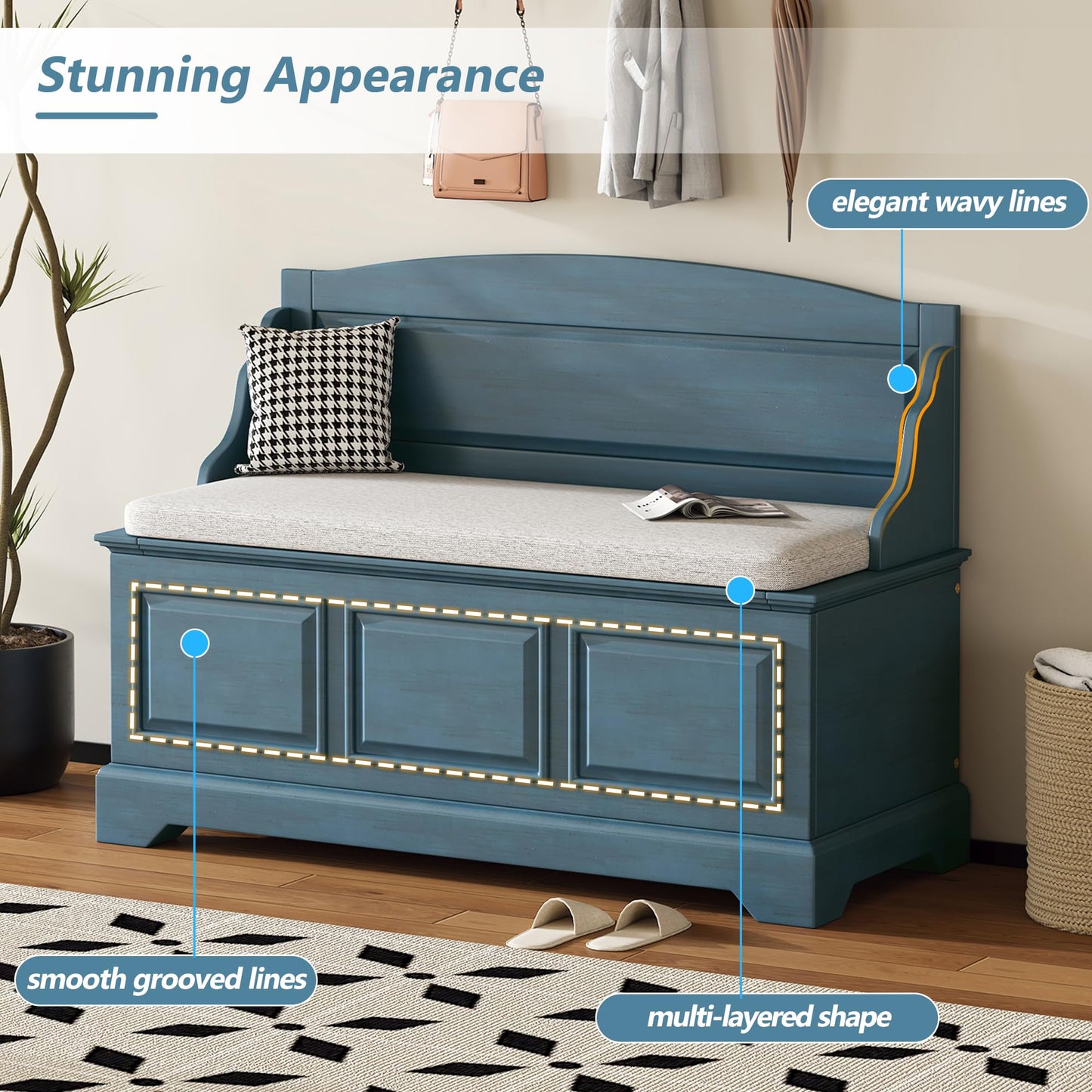 Knocbel Rustic Entry Storage Bench with Hidden Compartments and Removable Cushion, Wooden Entryway Hallway Foyer Shoe Bench Bedroom End of Bed Bench (Antique Navy and Beige)