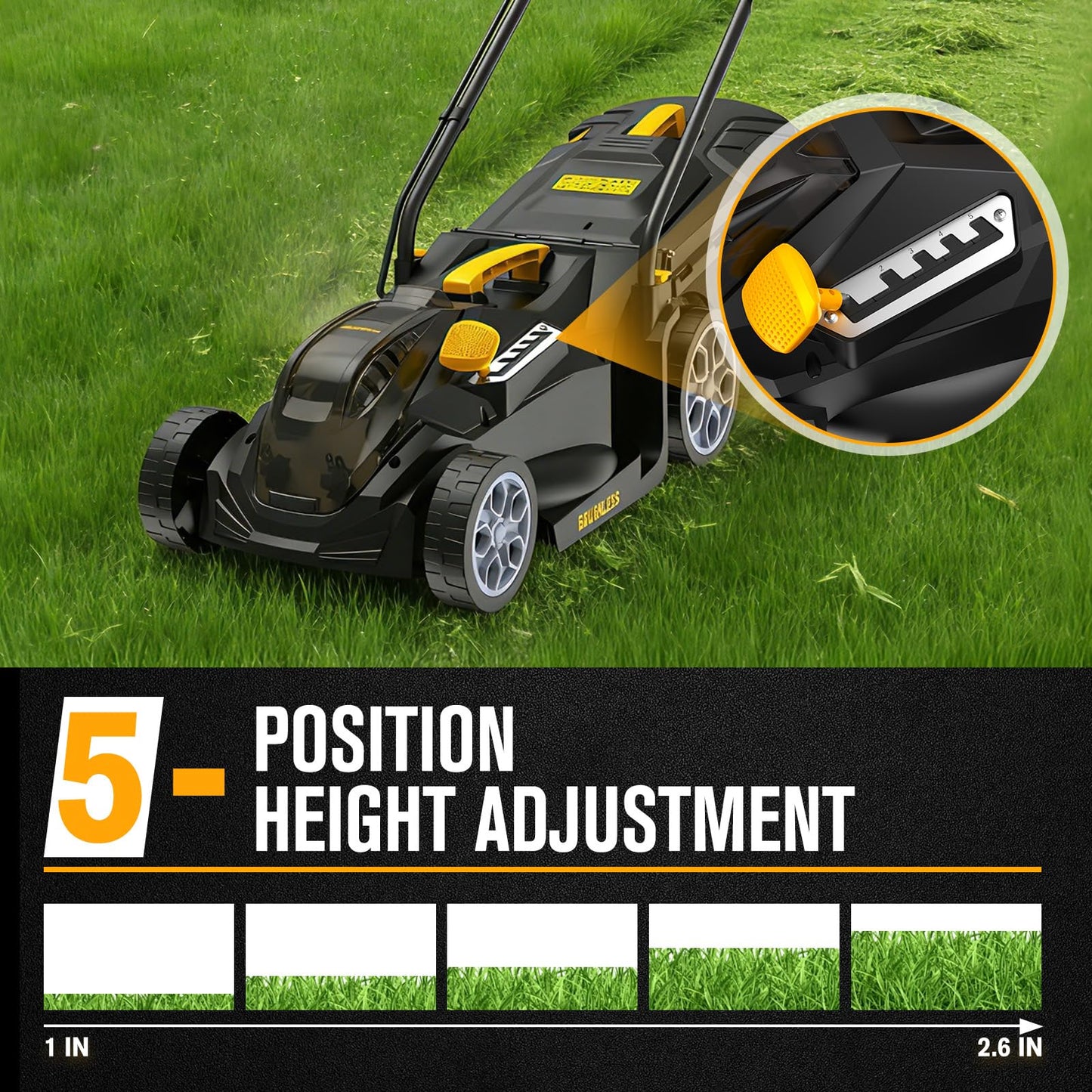 HEINPRO 14" Cordless Lawn Mower Compatible with Dewalt 20V MAX Battery, 2-in-1 Brushless Electric Lawn Mower for Small Yards, Push Mowers with 5-Position Height Adjustment, Black (Tool Only)