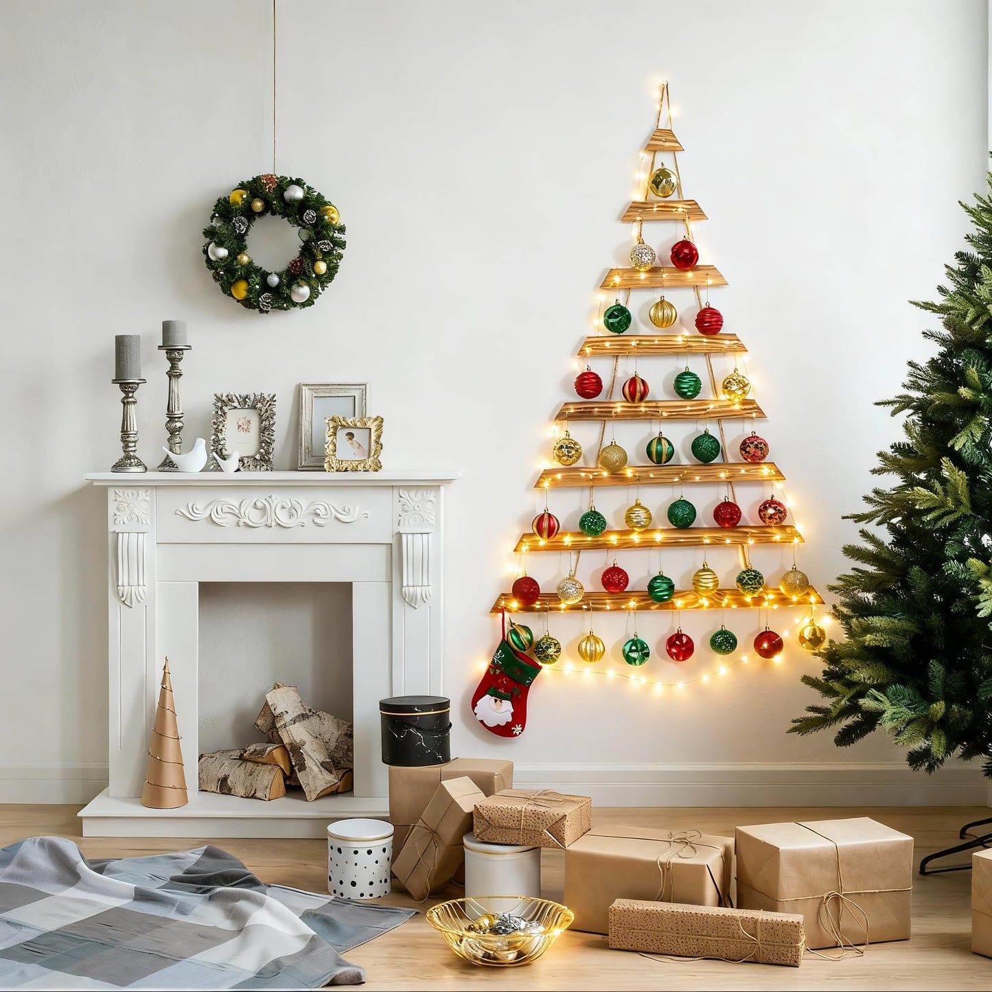 SOONOW 44" Wall Hanging Christmas Tree with Remote LED Lights and 36 Ornaments, Lighted Wood Christmas Tree for Living Room, Bedroom Holiday Wall Decor