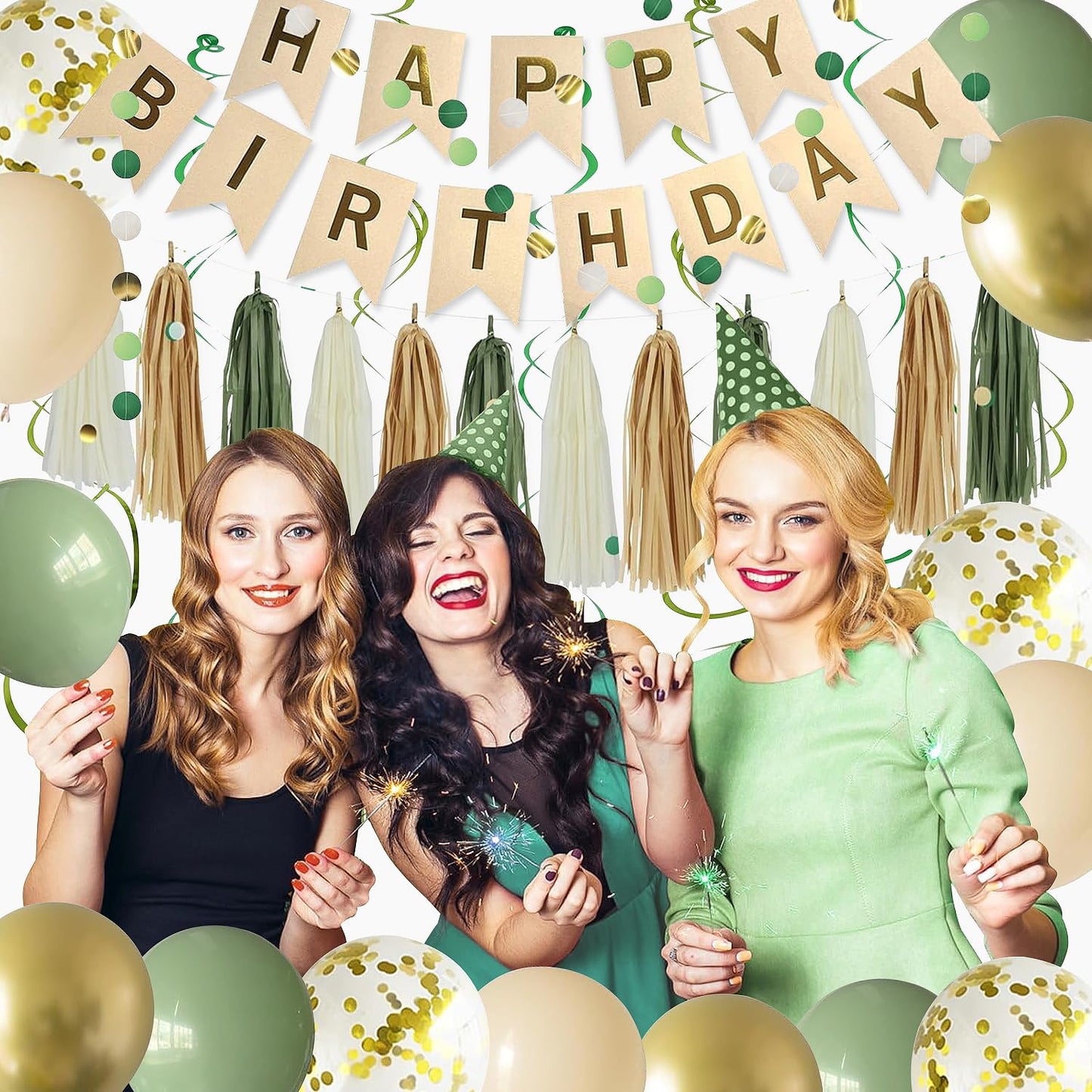 Green Birthday Party Decorations for Women Girls with Happy Birthday Banner,Tissue Paper Pompoms, Paper Tassel,Circle Garland,Hanging Swirl,Decorations Balloons for Party Decor (sage green)