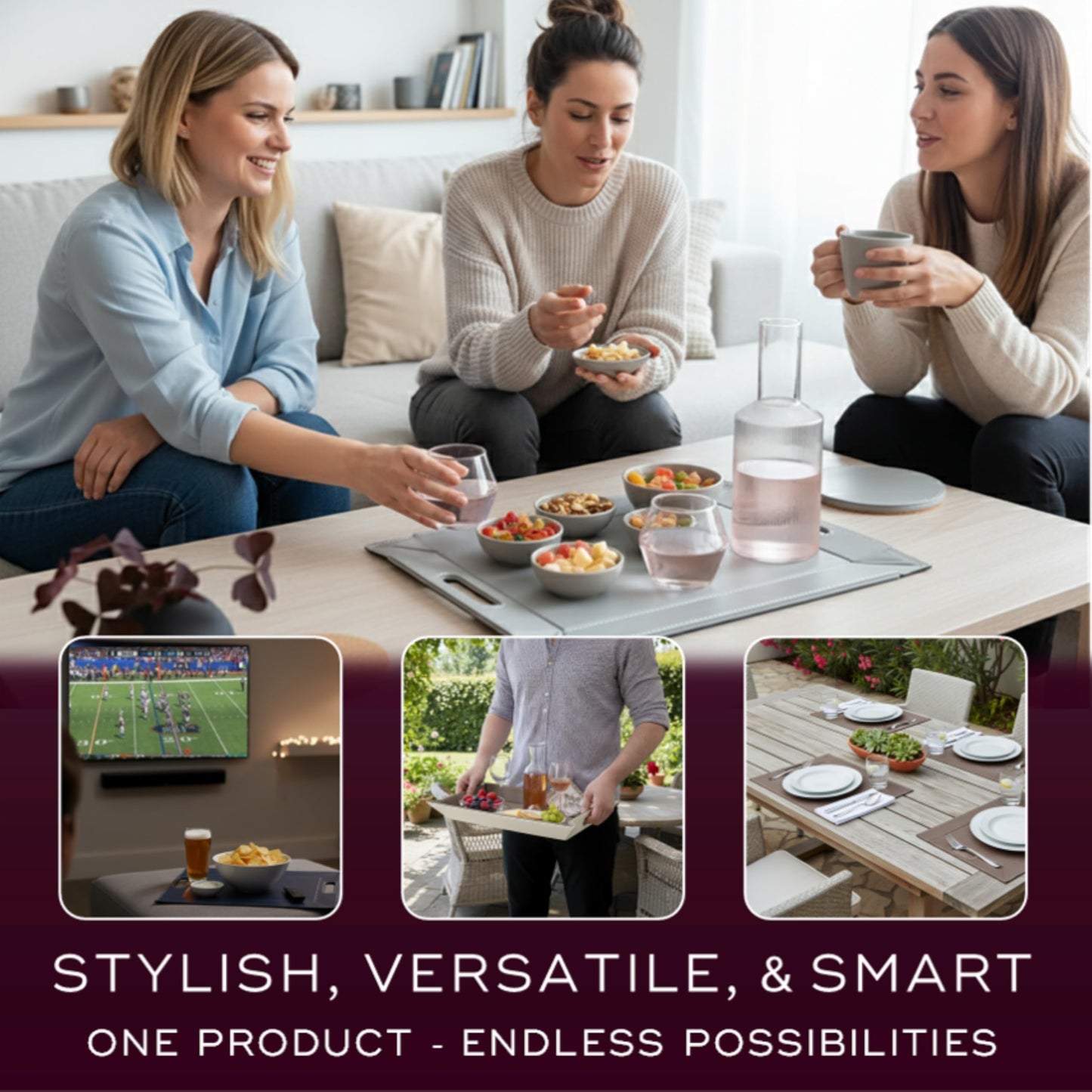 FREEFORM PLACEsMAT 2-in-1 Faux Leather Placemat & Serving Tray | Reversible Design, Lays Flat & Easy to Clean | Ottoman Food Tray, Perfect Housewarming Gift, 18” x 14” (Taupe & White, Single)