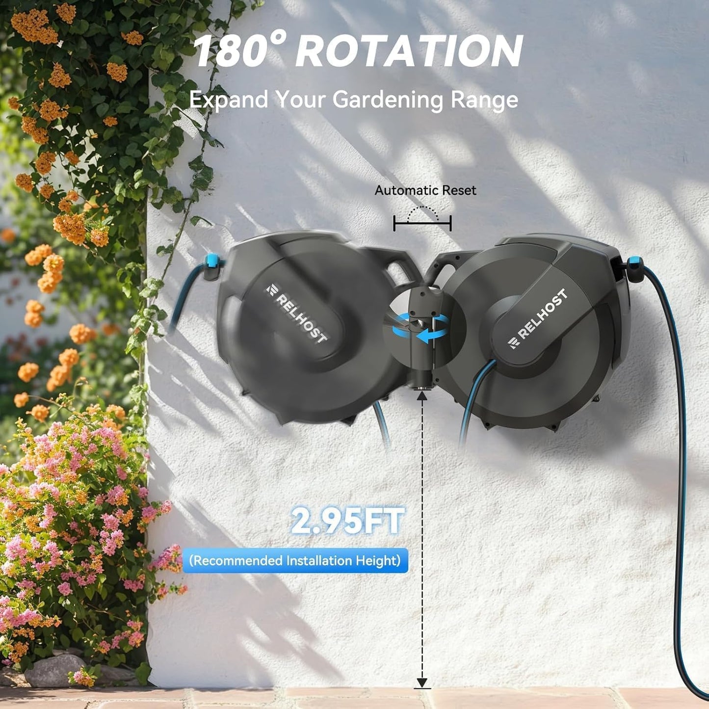Relhost Retractable Garden Hose Reel, 1/2 in x 100 ft Wall Mount Heavy Duty Hose Reel with Any-Length Lock, Auto Rewind System, 180° Swivel Bracket, and 10-Pattern Nozzle for Garden, Dark Grey