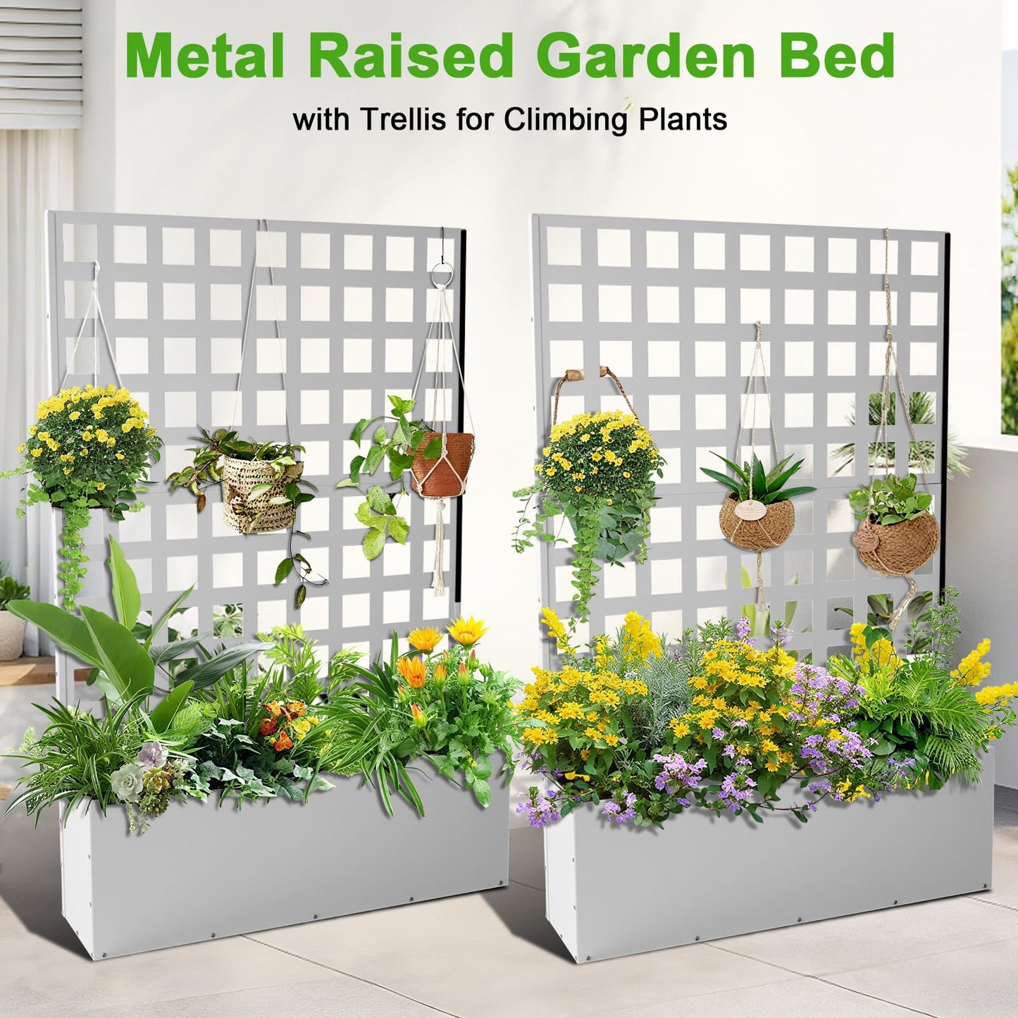 Metal Planter Box with Trellis, Outdoor Galvanized Raised Garden Bed with Privacy Screen & Drainage Holes & Lockable Casters for Climbing Plants, Vegetable