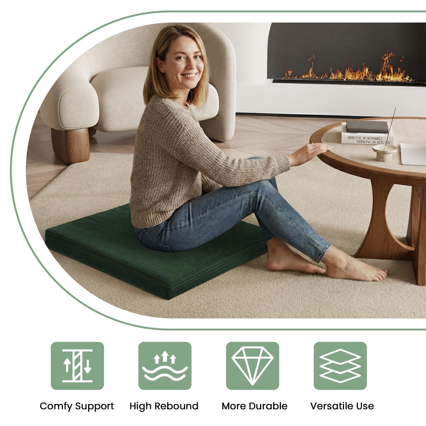 PRIMEPATIO Meditation Cushion Set, Meditation Pillow for Sitting on Floor, Large Yoga Pillow with Knee Support, Washable Zafu Meditation Mat, 3 Shapes Floor Pillow for Adults, Green
