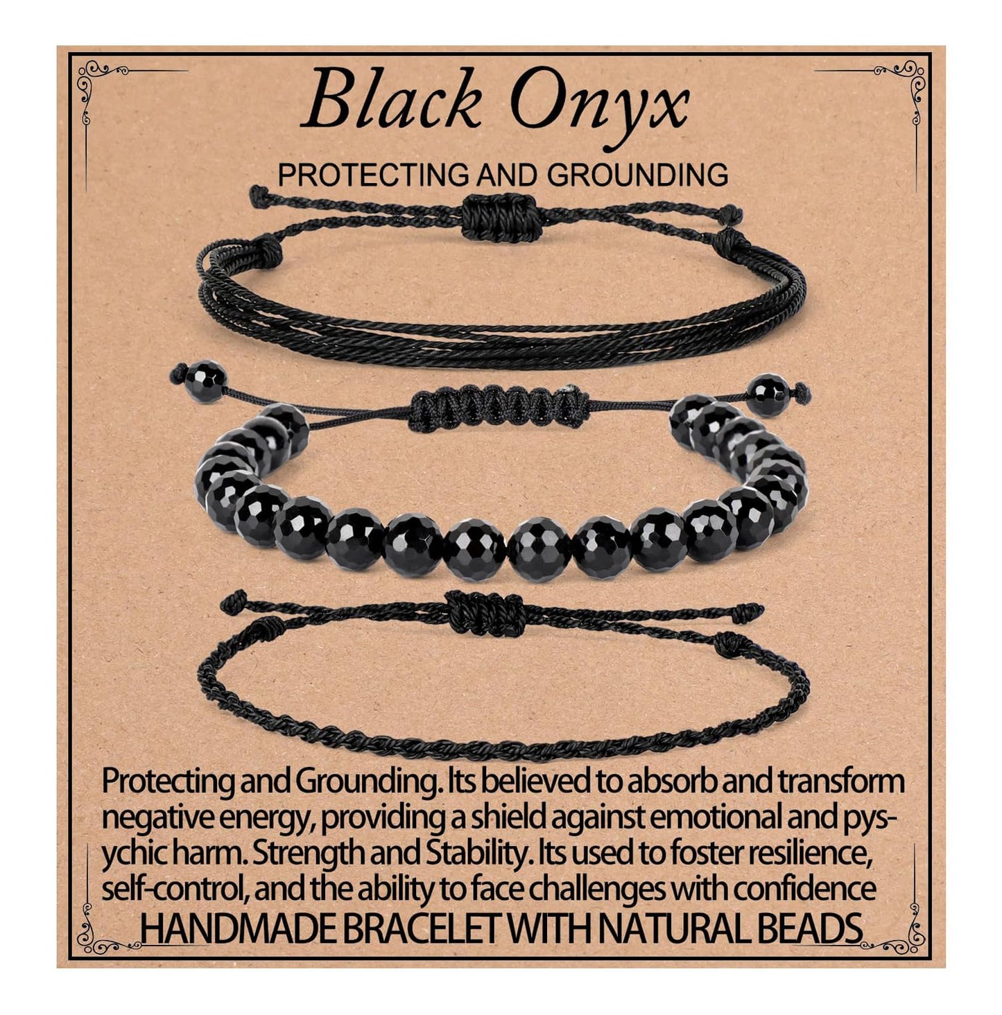 QOGIR Handmade Healing Bracelets,8mm Natural Faceted Black Onyx Gem Stone Beads Bracelet for Men Women Gifts with 2PCS Size Adjustable Rope Bracelets