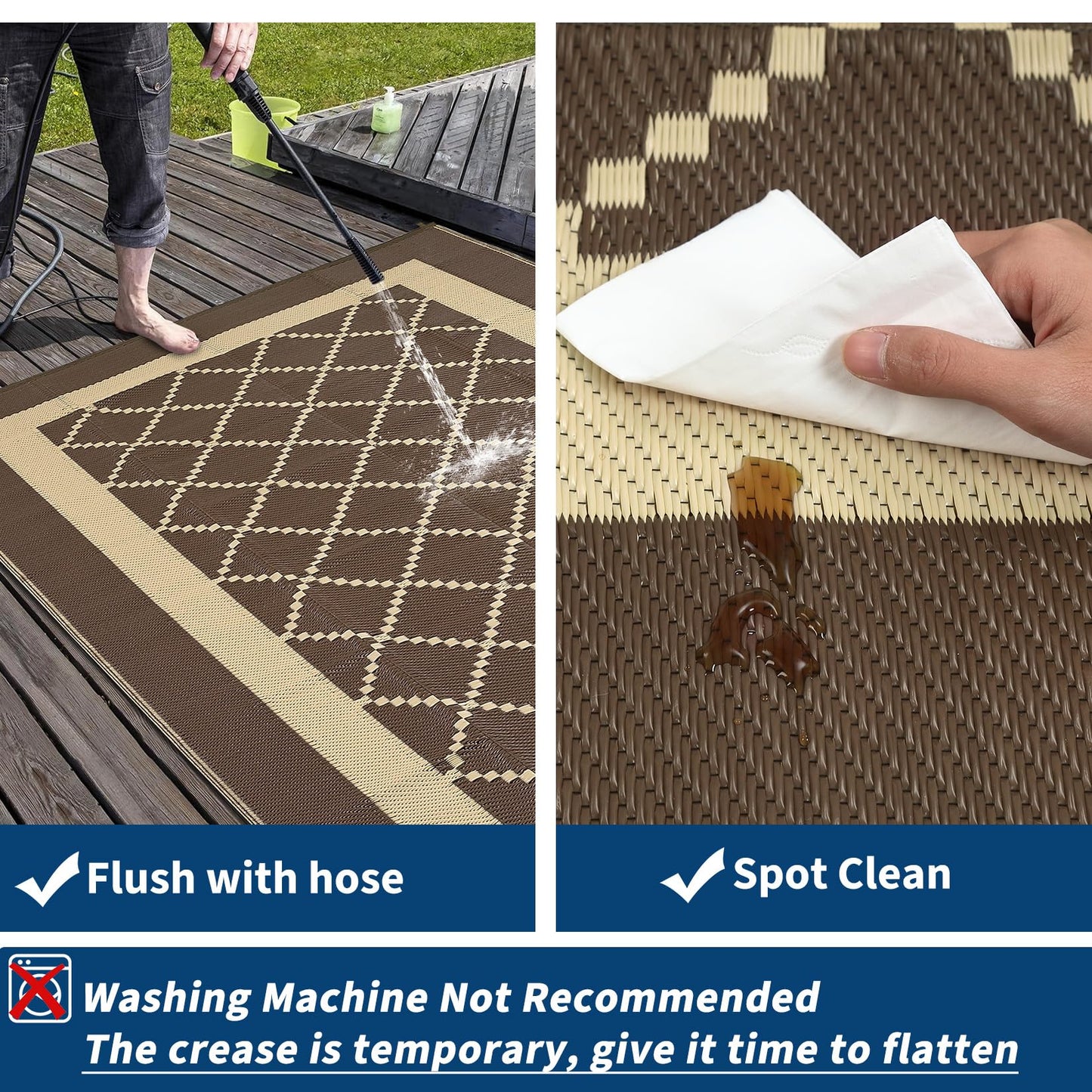 IDEALHOUSE Outdoor Rug, 320GSM PP Plastic Straw Mat, Modern Cross Grid Pattern, Waterproof Breathable Floor Mat, Lightweight Foldable Carpet for Patio Camping RV Backyard, Russet Brown, 9x18ft