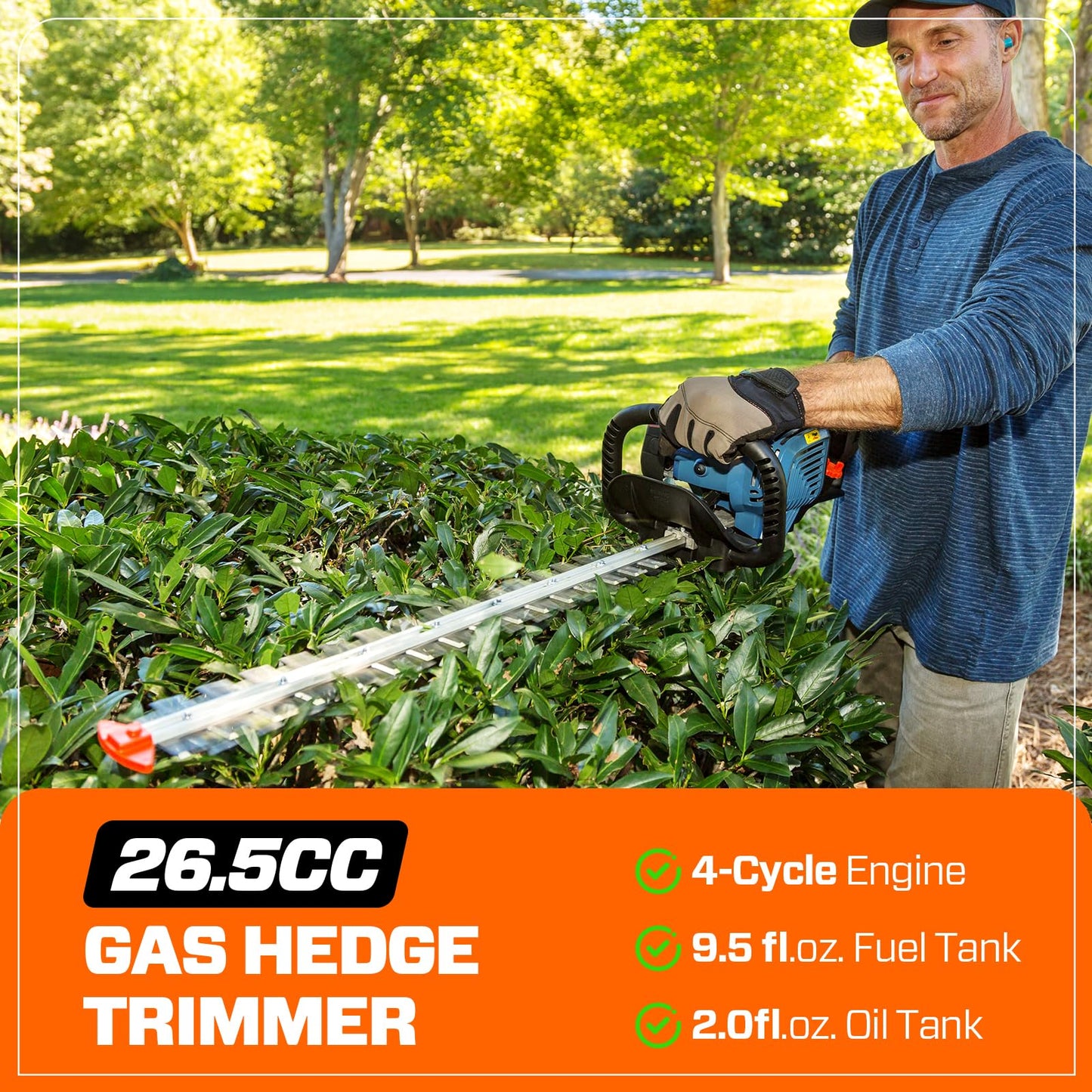 SENIX 4QL 26.5 cc 4 Cycle 22-Inch Gas Hedge Trimmer, Garden Tool to Trim Shrubs,Bushes,and More,Double Sided Dual Action Blades,1-1/8" Cutting Capacity,Includes Blade Cover(HT4QL-L)