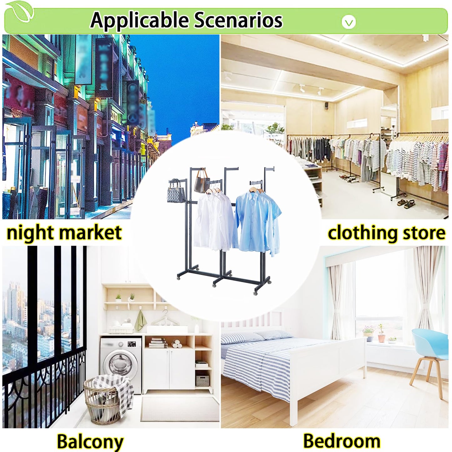FKKPRVAX Floor Standing Metal Garment Rack - Heavy Retail Display Racks With Wheels, 8 Arms Clothing Rack, Square Tubing Portable Shirt Racks, Merchandise Display For Hanging Clothes (L-Black)