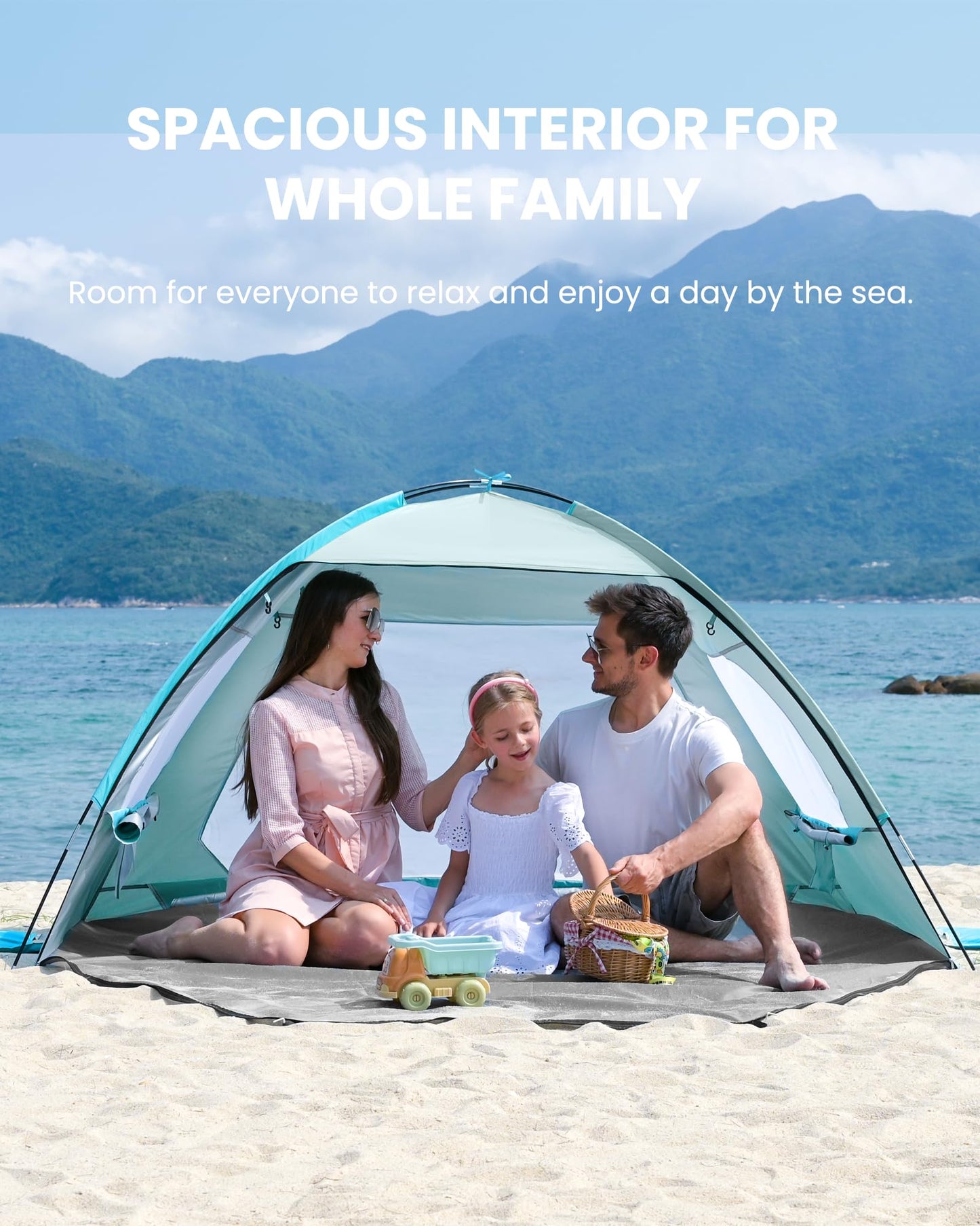 OutdoorMaster Beach Tent for 3/4 Person - Easy Setup Sun Shade Shelter, Portable Beach Shade Sun Canopy with UPF 50+ UV Protection, Removable Skylight Family Size - 3 Person Olive Green
