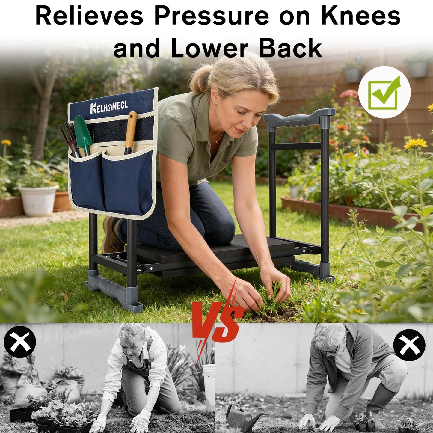 KELHOMECL Garden Kneeler and Seat with Umbrella, 2-in-1 Foldable Gardening Stool with Adjustable Bracket, Detachable Tool Bags, Heavy Duty Kneeling Pad for Gardening (Beige Blue)