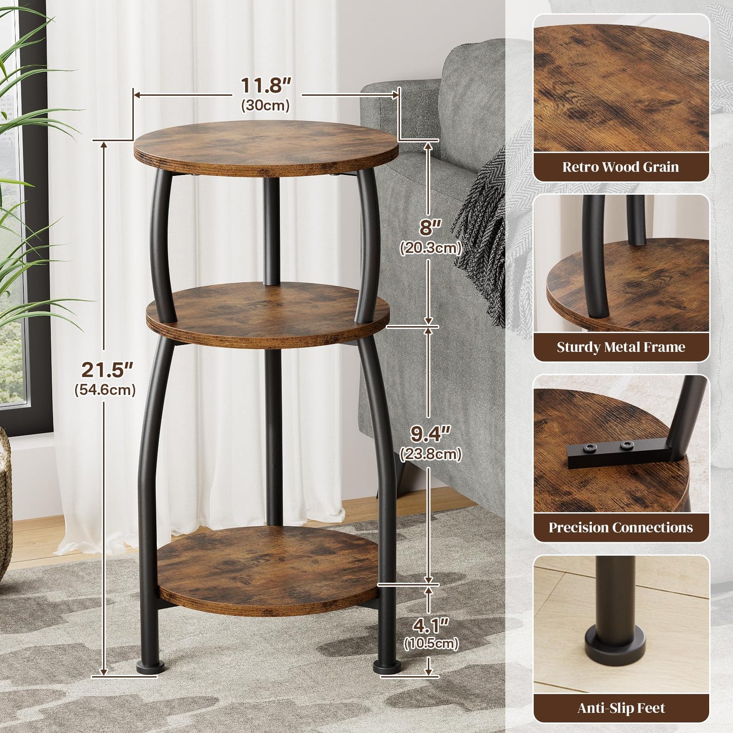 Yuede Small Round Side Table, 3-Tier End Table with Storage Shelf, Slim Coffee Table for Small Spaces, Industrial Sofa Table for Narrow Gaps in Living Room & Bedroom, Rustic Brown
