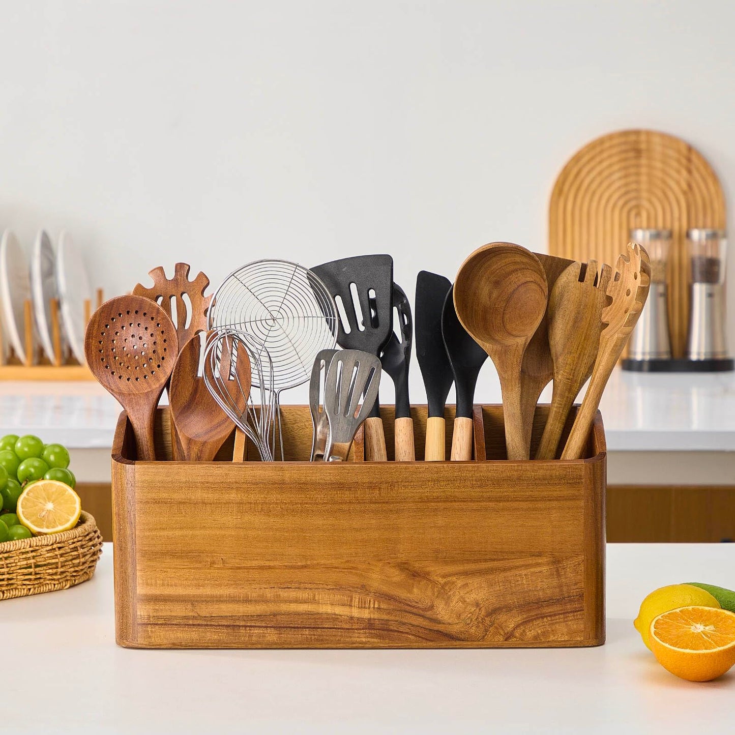Wooden Utensil Holder for Kitchen Counter, Acacia Wood Kitchen Utensil Holder for Countertop with 4 Compartment, Cooking Utensil Organizer, Silverware Caddy (Acacia Wood, 4Compartment)