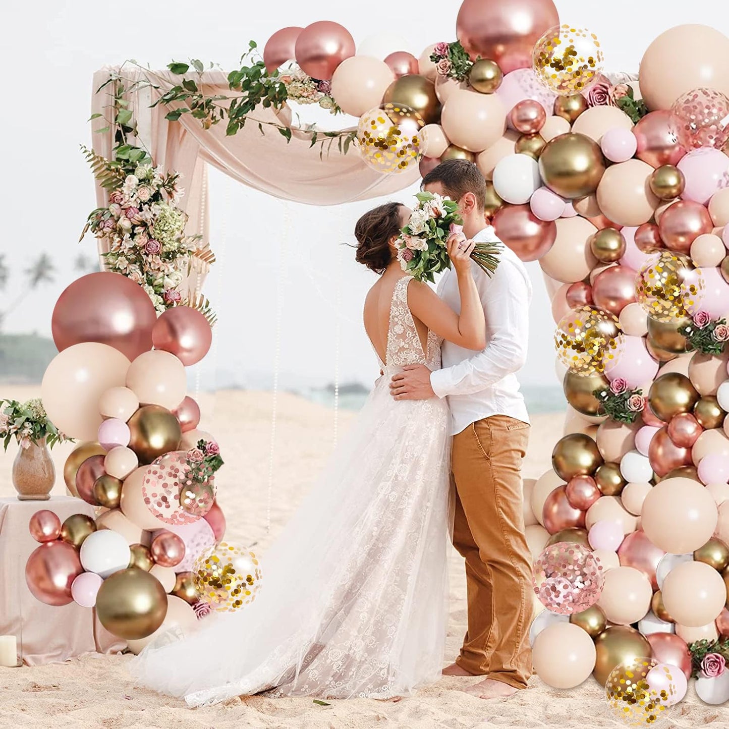 Rose Gold Balloon Garland Kit, Nude Pastel Pink Metallic Gold Matte White Balloons Gold and Rose Gold Confetti Balloons for Valentines Day Wedding Bridal Shower Party Girl Birthday Decorations