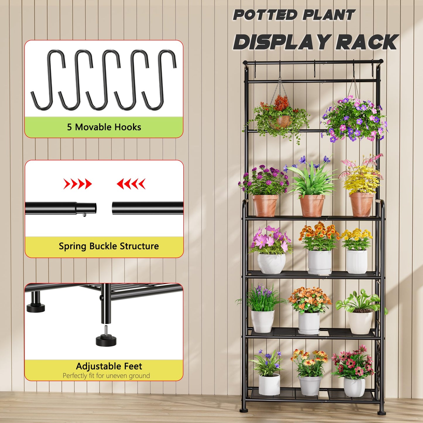 Plant Stand Indoor Outdoor Heavy Duty Metal - 68.4" Tall 4-Tier Shelf for Multiple Plants, Flowers, Rustproof Black Storage Rack for Patio, Balcony, Living Room, Garden, Includes Hooks&Adjustable Feet