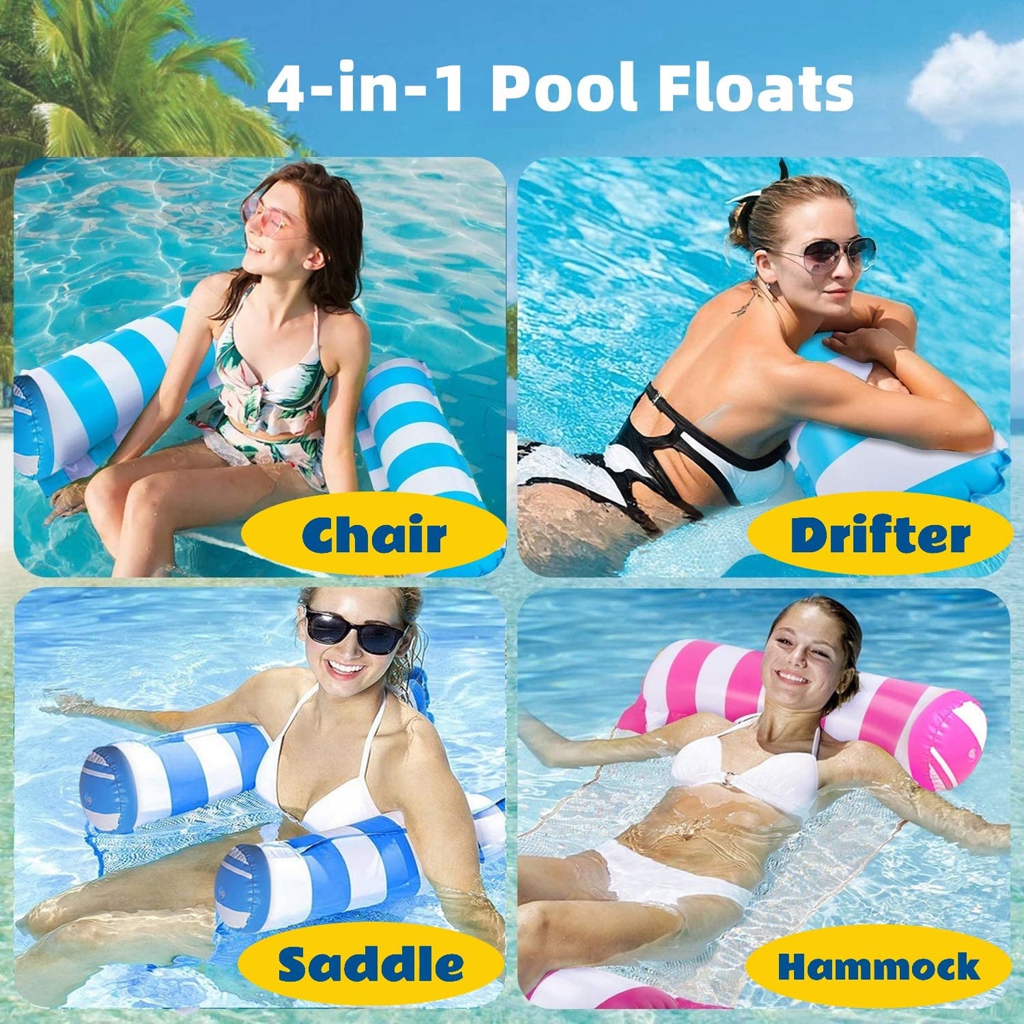 4 Pack Upgrated XL Water Pool Floats, 4-in-1 (Hammock, Saddle, Lounge Chair, Drifter) Multi-Purpose Water Pool Float, Non-Stick PVC Material