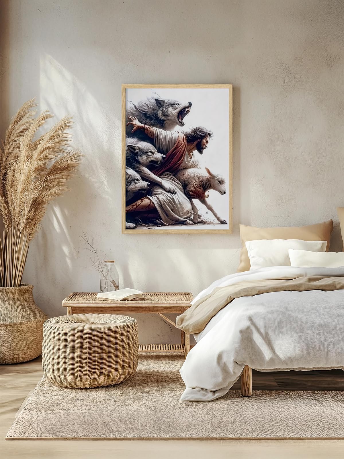 BIBLSPACE Jesus Wall Art Religious Wall Decor Christian Posters for Wall Pictures of Jesus Saves the Lost Lambs Canvas Wall Art for Living Room Bedroom Christian Wolf Art Framed 12x16 Inch