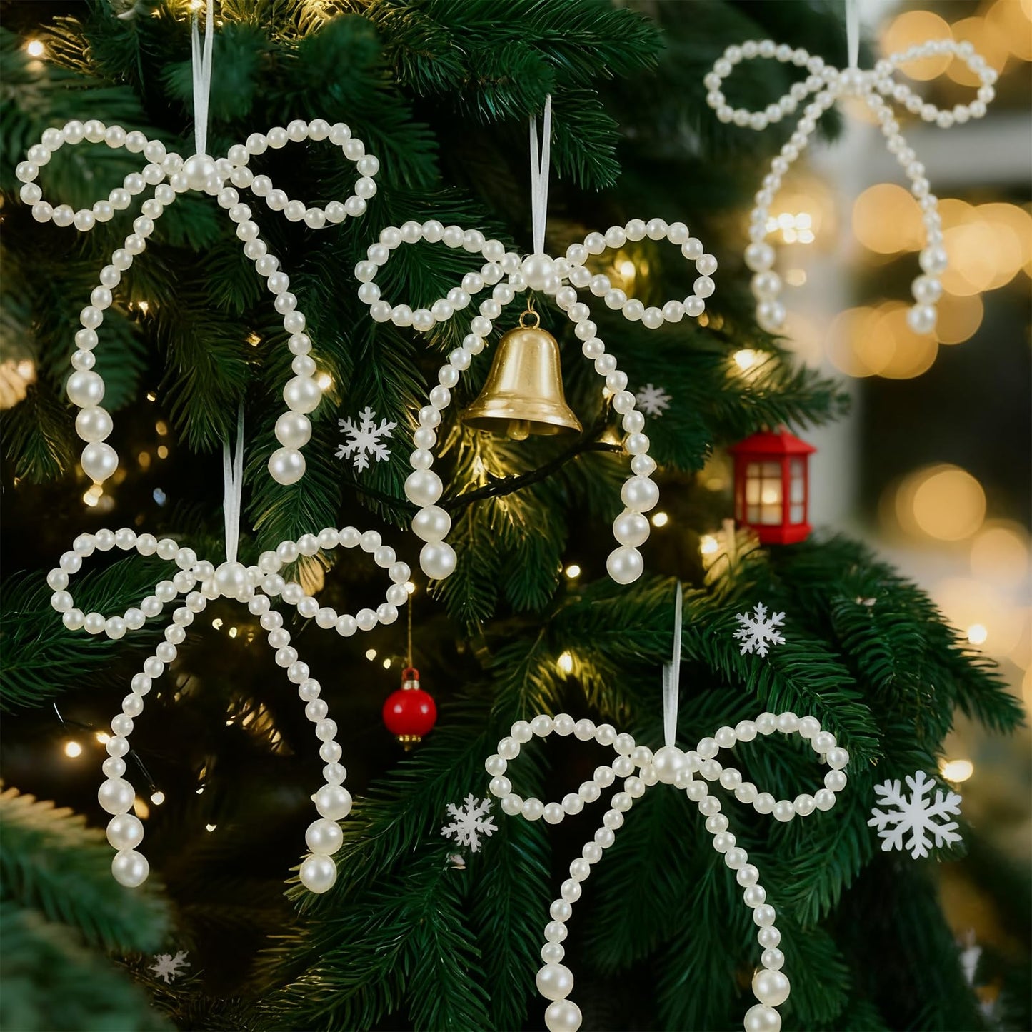 15 Pcs Pearl Bow Christmas Tree Ornaments - Christmas Tree Bead Bow Hanging Ornaments for Xmas Party Crafts, Suitable for Weddings， Gift Wrapping, Home Decoration(White)