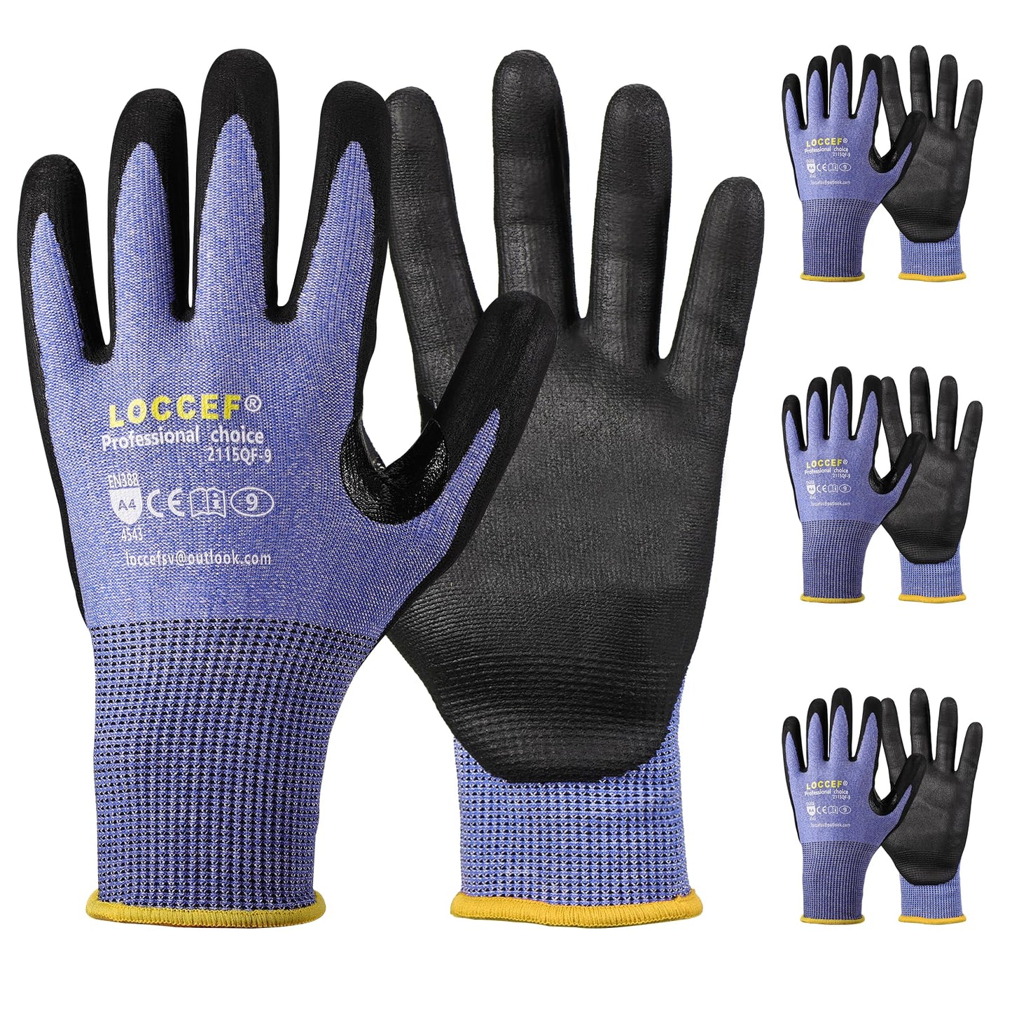 LOCCEF 3 Pairs Safety Work Gloves for Men Women,Touchscreen Compatible, Superior Dexterity,Level 5 Cut Resistant Work Gloves(9/L)