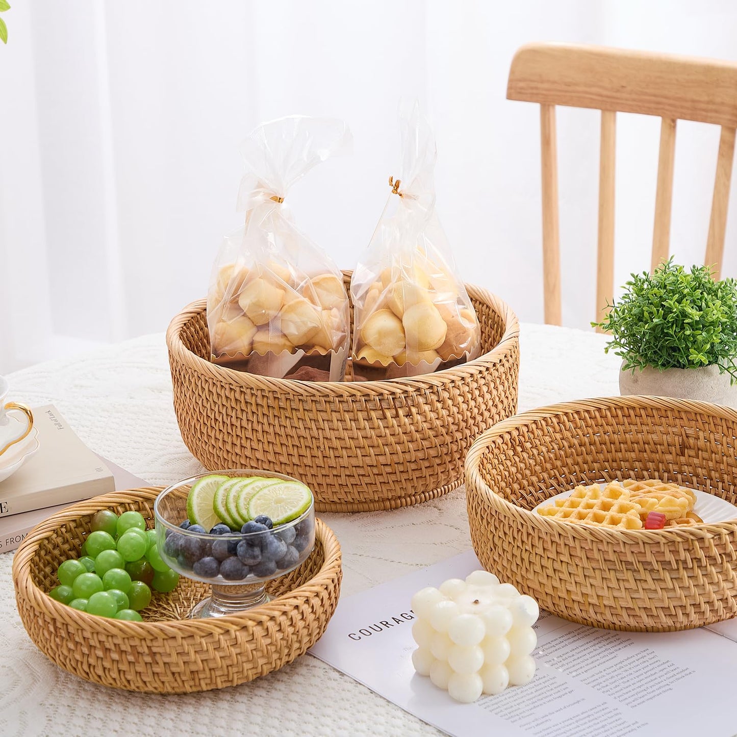 Hand-Woven Stackable Rattan Basket, Set of 3, Fruit Bread Serving Bowls, for Farmhouse Kitchen Storage & Decor