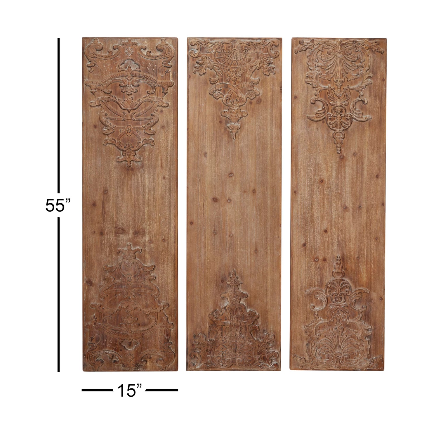 Deco 79 Wood Floral Home Wall Decor Carved Antefix Wall Sculpture, Set of 3 Wall Art 16"W, 55"H, Brown