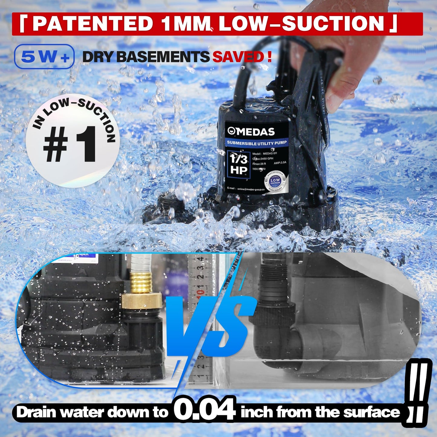 MEDAS Portable Sump Pump for Swimming Pool, Garden Pond, Basement Water Removal with 10ft Power Cord 1/3HP