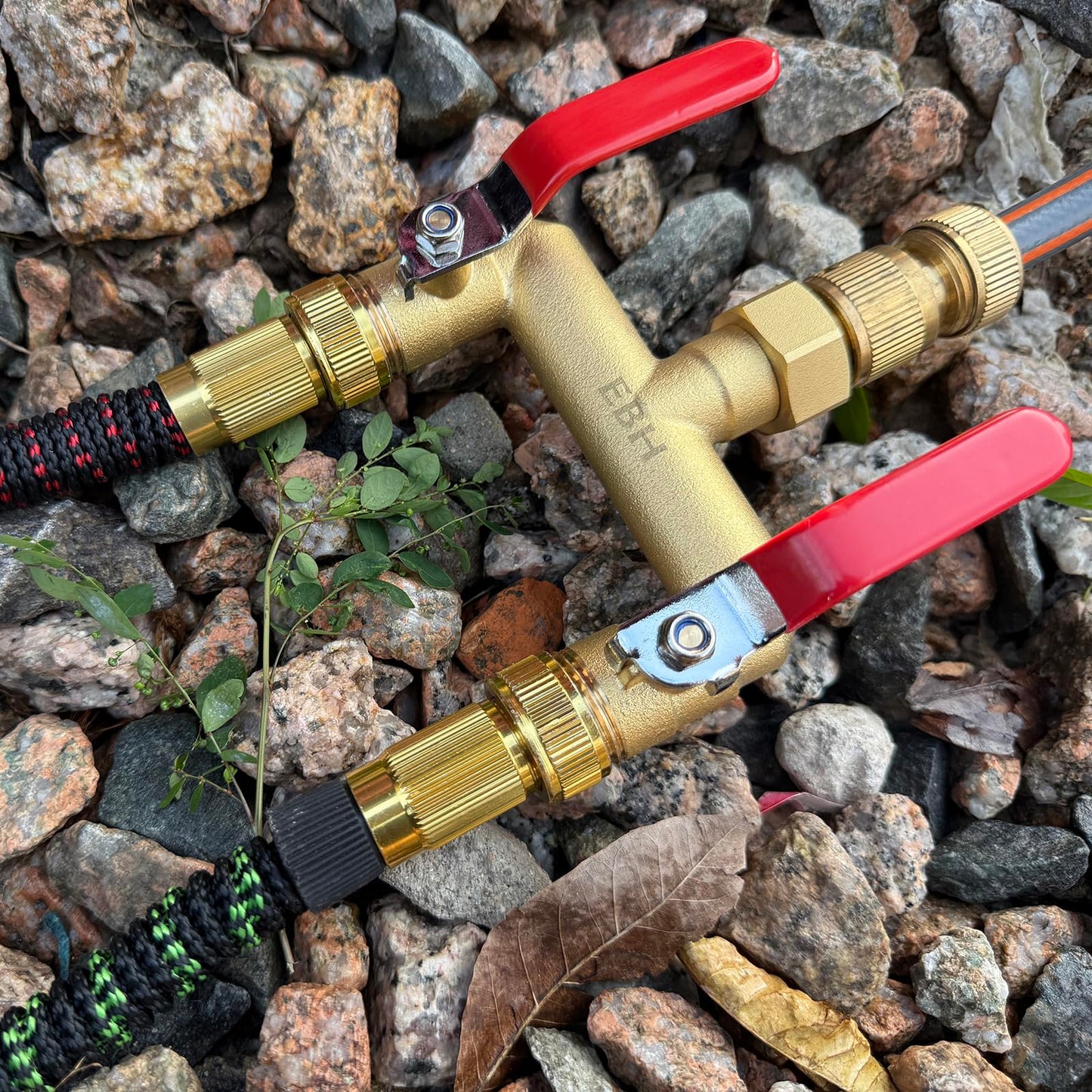 EBH Garden Hose Splitter, 2-Way Full Flow Brass Heavy Duty Outdoor Hose Manifold with Extra Long Handles Shutoff Valves Spigot Adapter- 3/4” GHT Thread