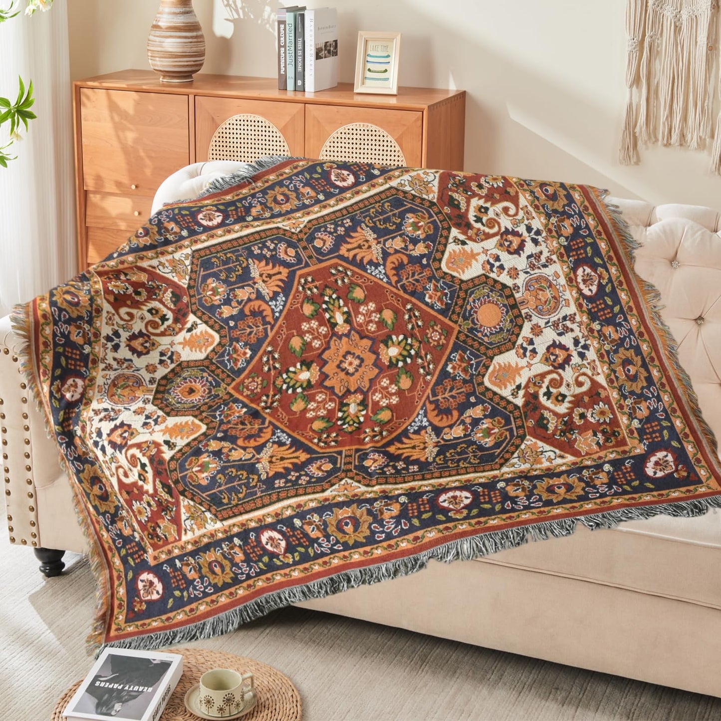Shesyuki Boho Throw Blanket Reversible Cotton Bohemian Tapestry Hippie Room Decor Outdoor Blanket Double Sided (Boho Patten 50"x60")