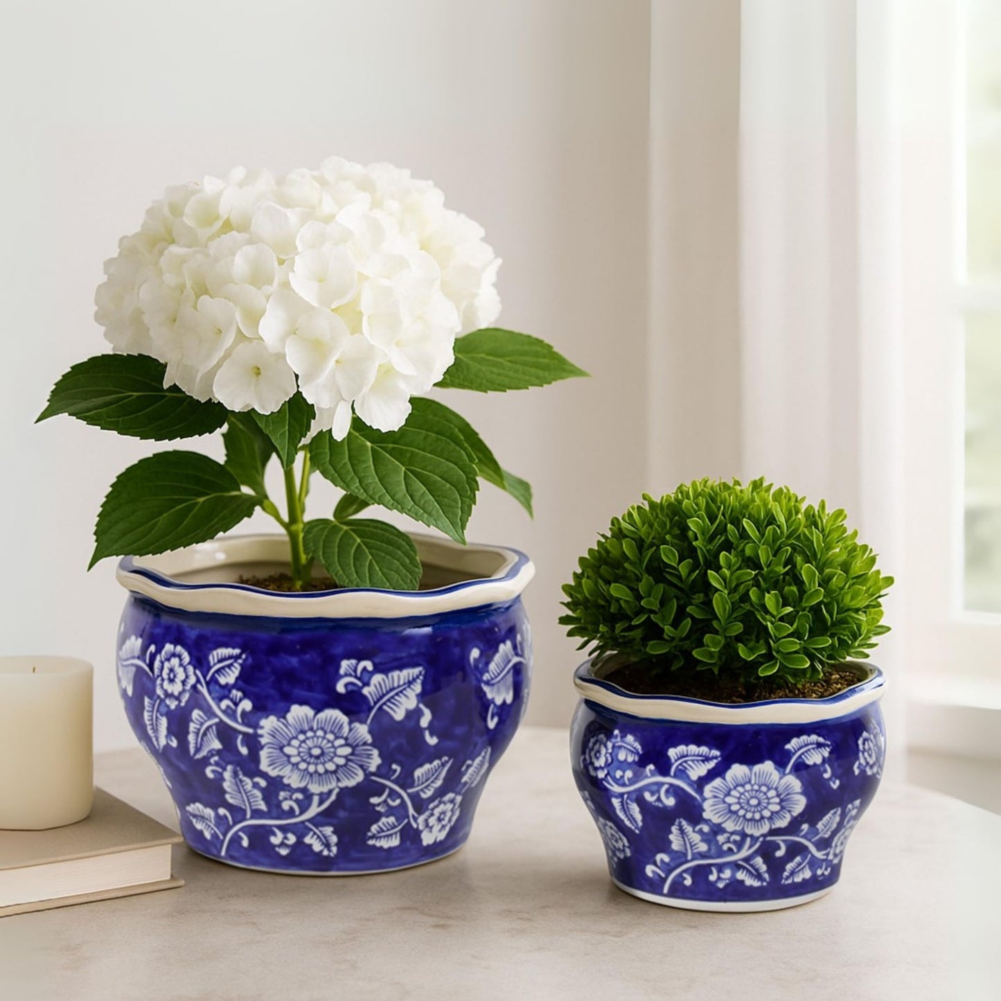 Set of 2 Round Chinoiserie Decorative Ceramic Planter Pots – Stoneware Outdoor & Indoor Plant Pots with Drainage – Modern Garden & Home Decor Planters – 6" & 5", Blue & White